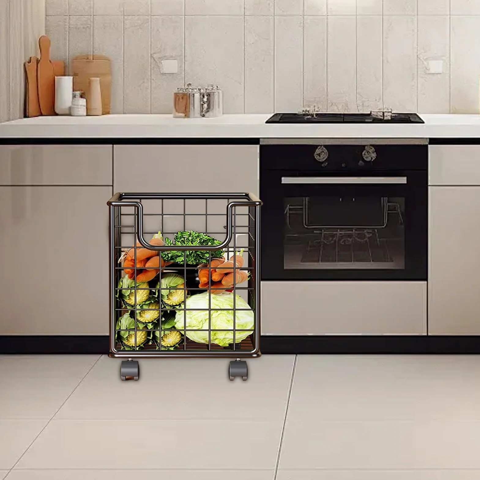 Kitchen Rolling Cart, 360° Rotating Storage Rack, Multi-Tier Floor Organizer with Wheels, Space-Saving Portable Utility Cart, Mesh Basket Design, for Pantry, Laundry, Bathroom, 28x44x40cm Black