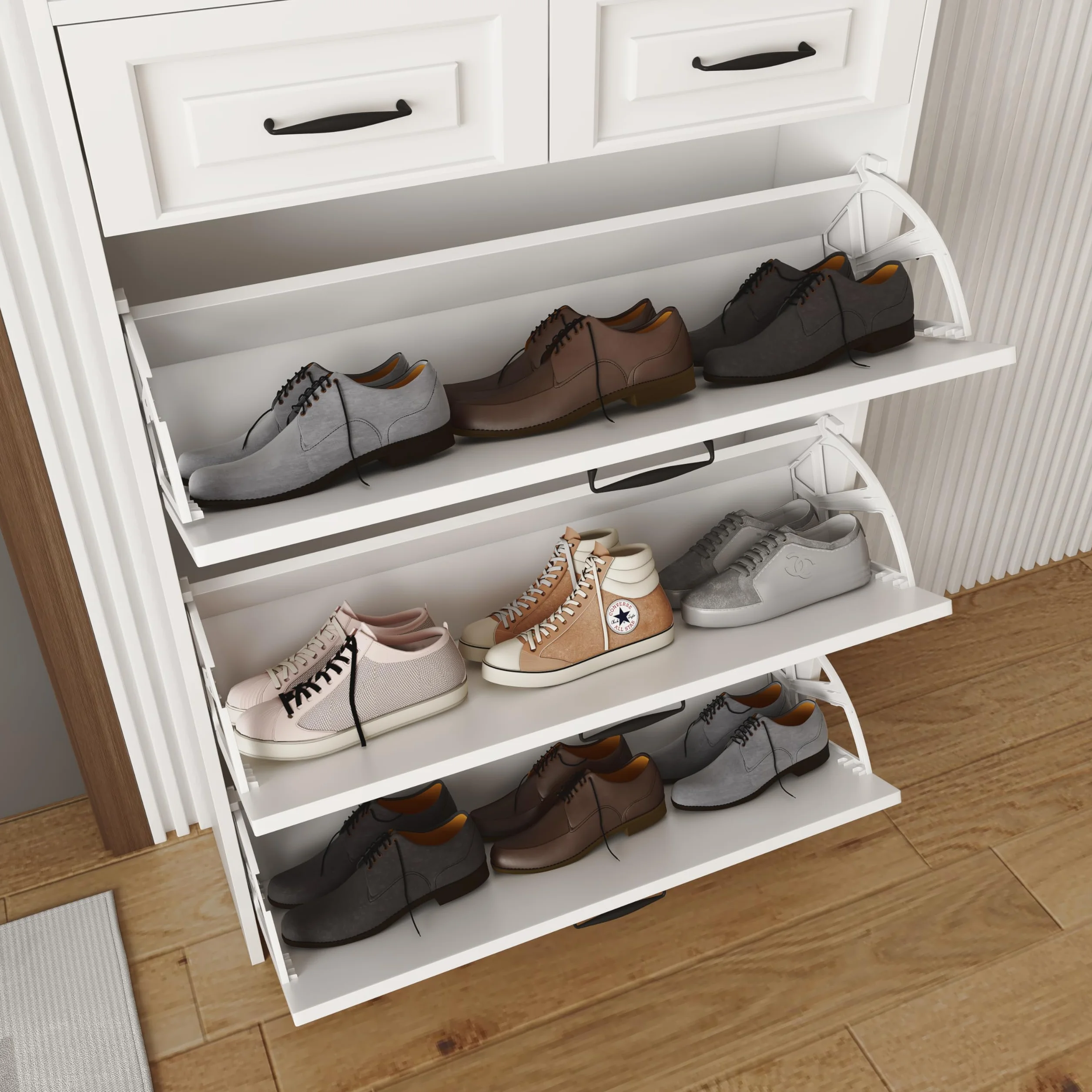 Komoda na buty z obrotową szafką na buty, składająca się z trzech dużych klap i dwóch szuflad, drewniana szafka na buty, regał na buty, nadaje się do pomieszczeń wejściowych i salonu - wymiary: szer