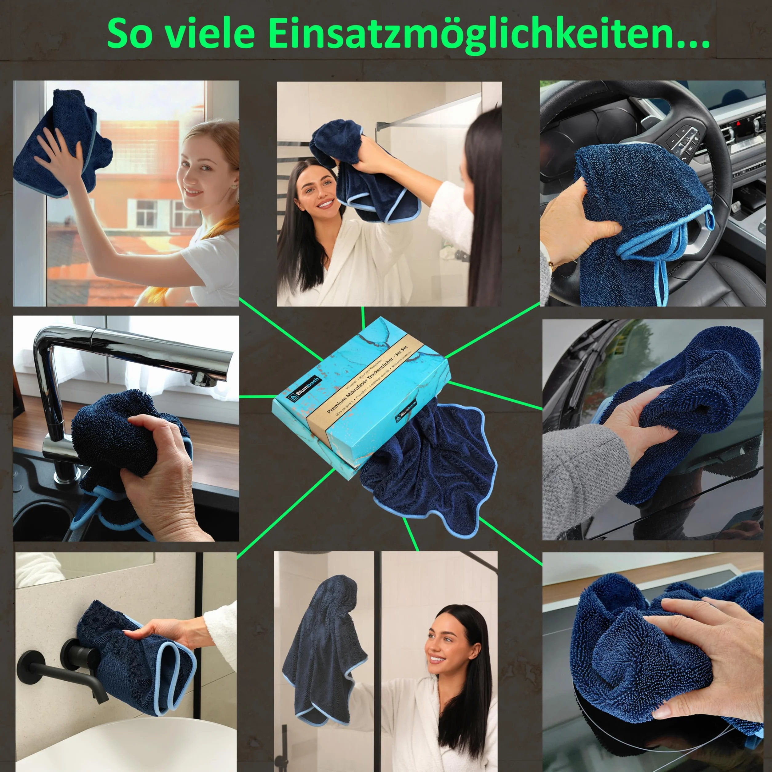 BLUMBACH® Ultra Wipes zestaw 3 ściereczek 700 GSM 40 x 40 cm, bardzo chłonna ściereczka do kabiny prysznicowej, w zestawie 2 haczyki samoprzylepne, ściereczki do czyszczenia, Fastdry, niemiecka marka