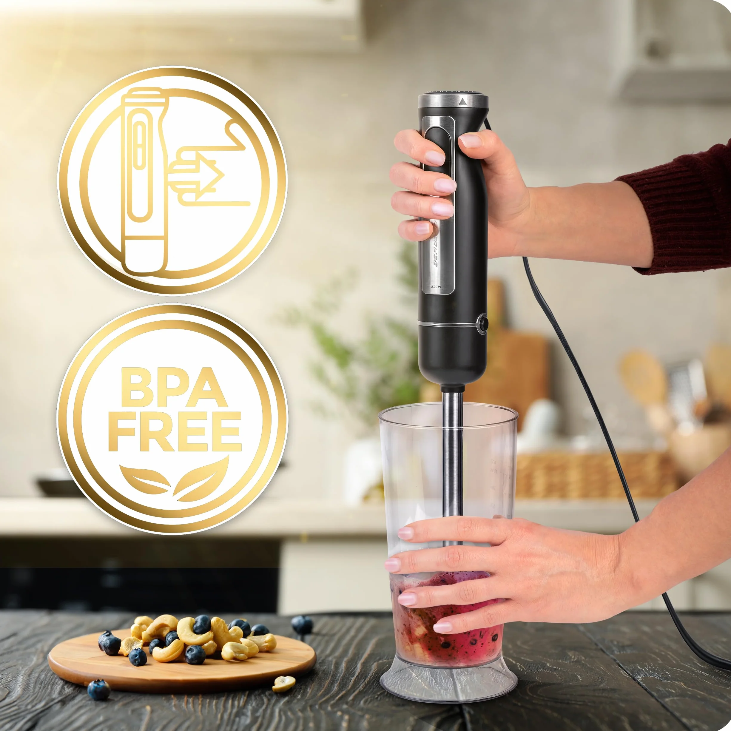 Berdsen Blender Ręczny 1500W Wielofunkcyjny 800 ml Stal Tworzywo Sztuczne Czarno-Szary