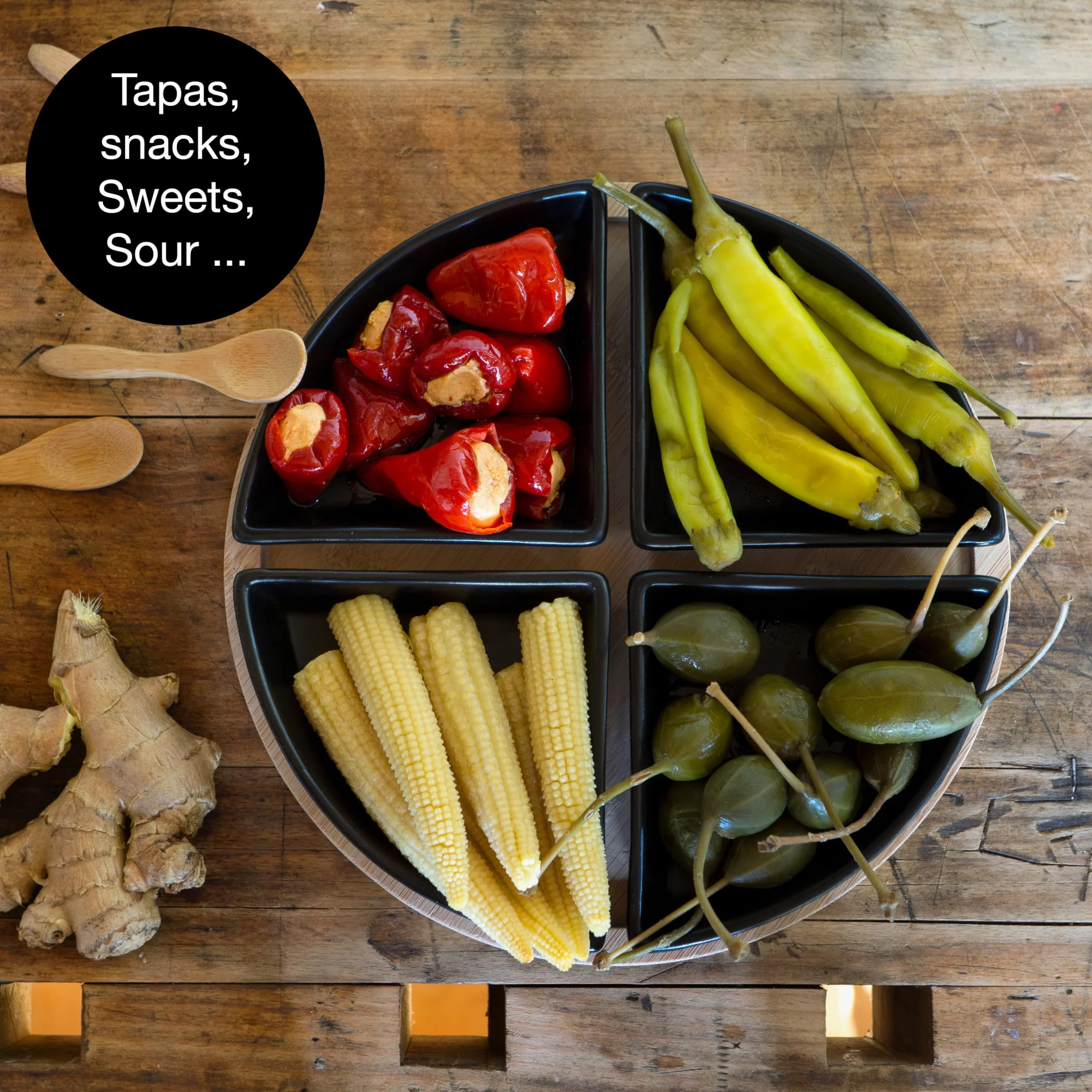 Moritz & Moritz Półmisek do serwowania z miseczkami Antipasti 22 cm – bambusowa taca do serwowania z ceramiczną miską, łyżka bambusowa – zestaw miseczek na przystawki, dipy i przekąski