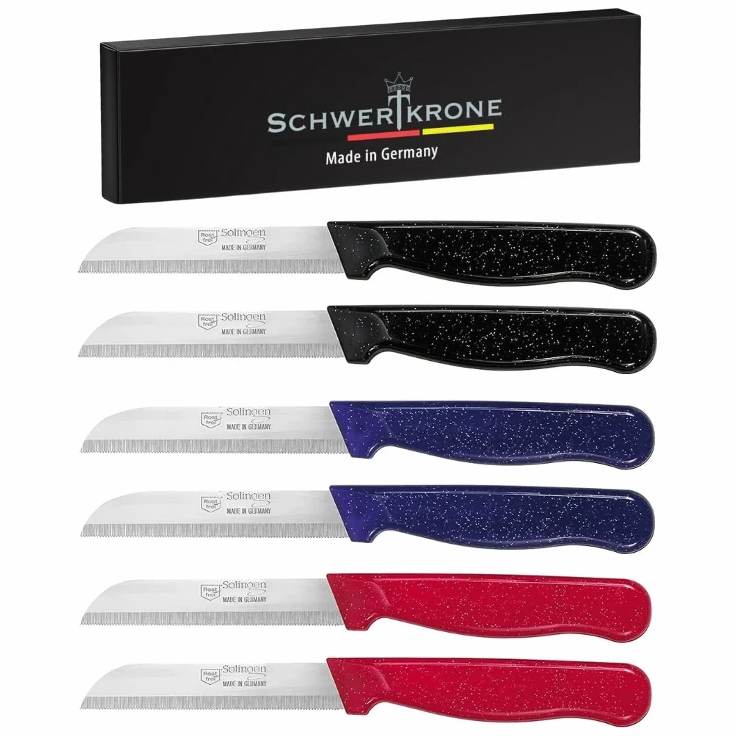 Schwertkrone® Zestaw 6 noży szybkich [WYROBIONEO W SOLINGEN - NIEMCY] - nóż do warzyw, nóż do owoców - długi, ostry, ząbkowany nóż kuchenny - nóż do krojenia ziemniaków - nóż uniwersalny (6x ostrze 9