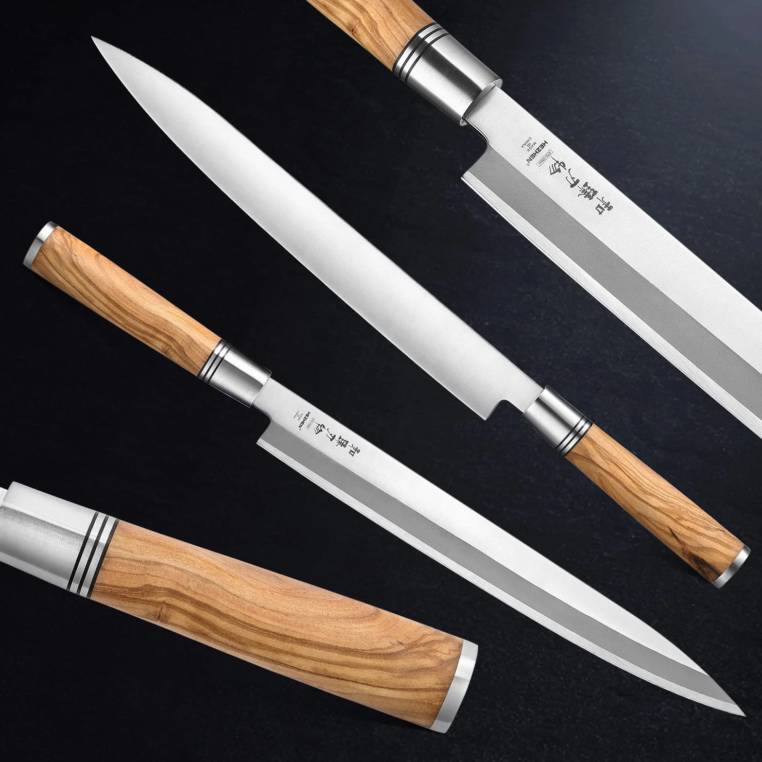 HEZHEN Nóż Sashimi 300 mm, kuta stal nóż do sushi Yanagiba, drewniany uchwyt, walizka na noże