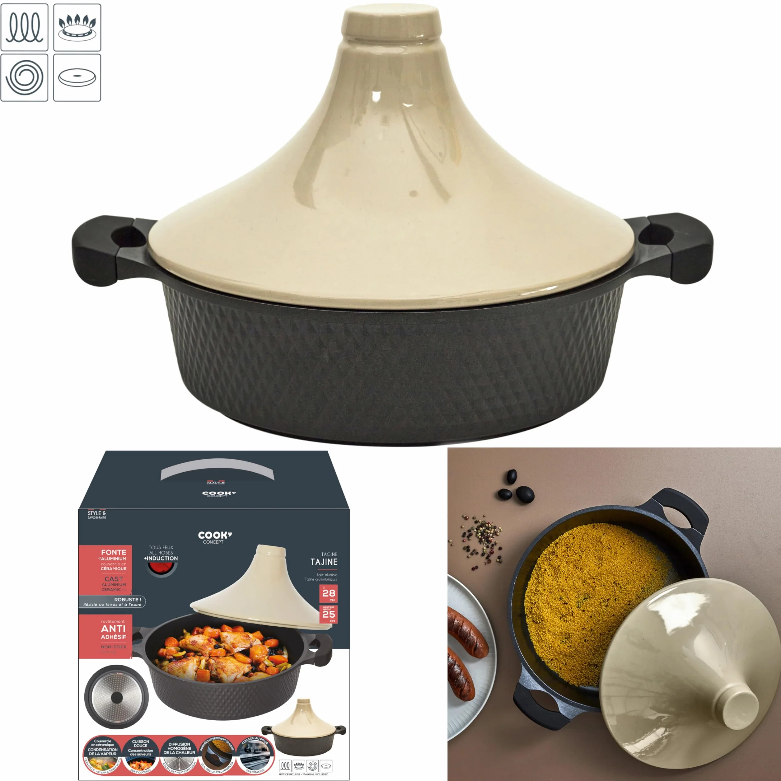 COOK CONCEPT - KC25801 - Tajine indukcyjny okrągły odlew aluminiowy Vitro-Ceramic - Powłoka nieprzywierająca czarny/beżowy