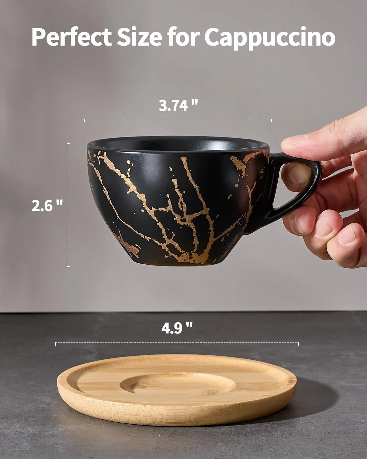 Home Decor Ceramiczne kubki do cappuccino, zestaw 4 sztuk, 220 ml, możliwość układania w stos, z metalowym stojakiem, dla miłośników kawy, cappuccino, latte, Americano i herbaty, kolor czarno-białe