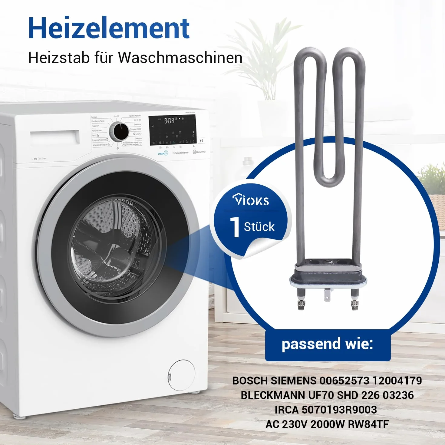 VIOKS Element grzejny 230 V 2000 W zamiennik elementu grzejnego Bosch 12004179, pręt grzejny Siemens Balay Neff Constructa 00652573 & Irca element grzejny 2000 W - pręt grzejny pralka Bosch Siemens