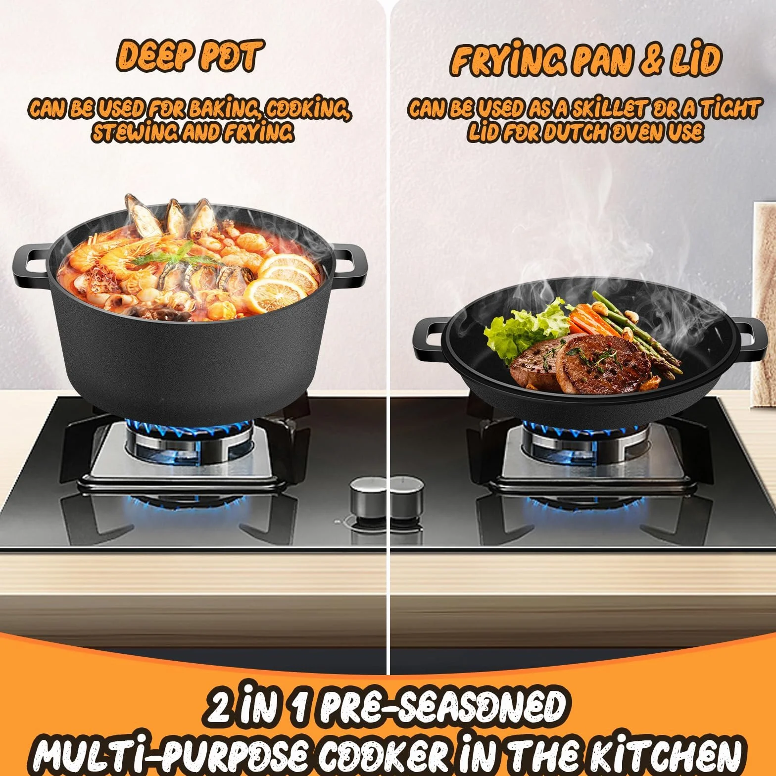 Żeliwny garnek Dutch Oven 26 cm do pieczenia chleba z pokrywką 2 w 1