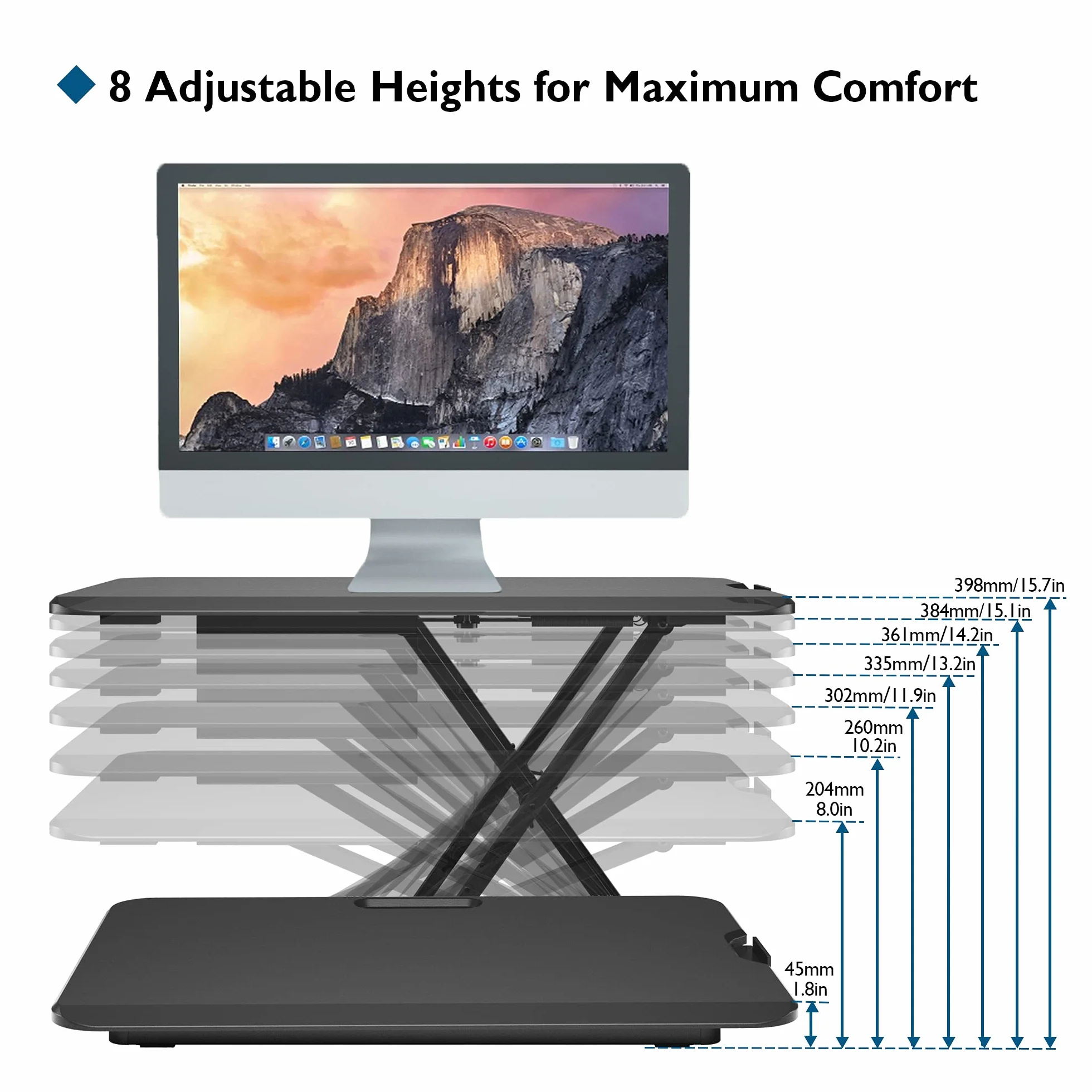 BONTEC Sit-Stand Biurko Konwerter, Regulowany Ergonomiczny Podnośnik na Biurko, Platforma 67x47cm, Wysokość 45-398 mm, Stacja Robocza na Monitor i Klawiaturę, Obciążenie do 8 kg, Czarny