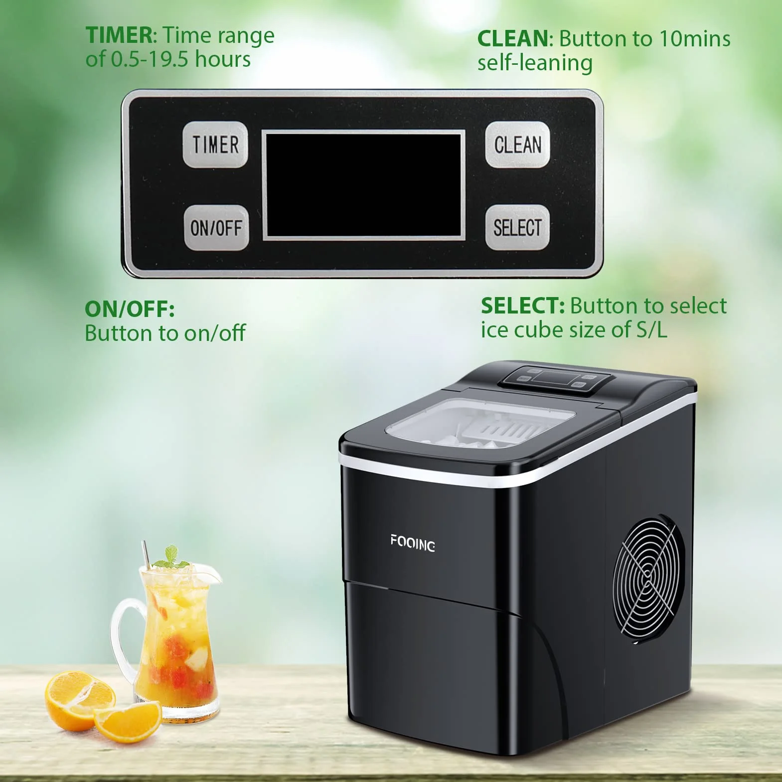 Kostkarka do lodu FOOING Ice Maker kostki lodu gotowe w 6 minut, 2 l, z łopatką do lodu i koszem, wyświetlaczem LED, do domowego baru