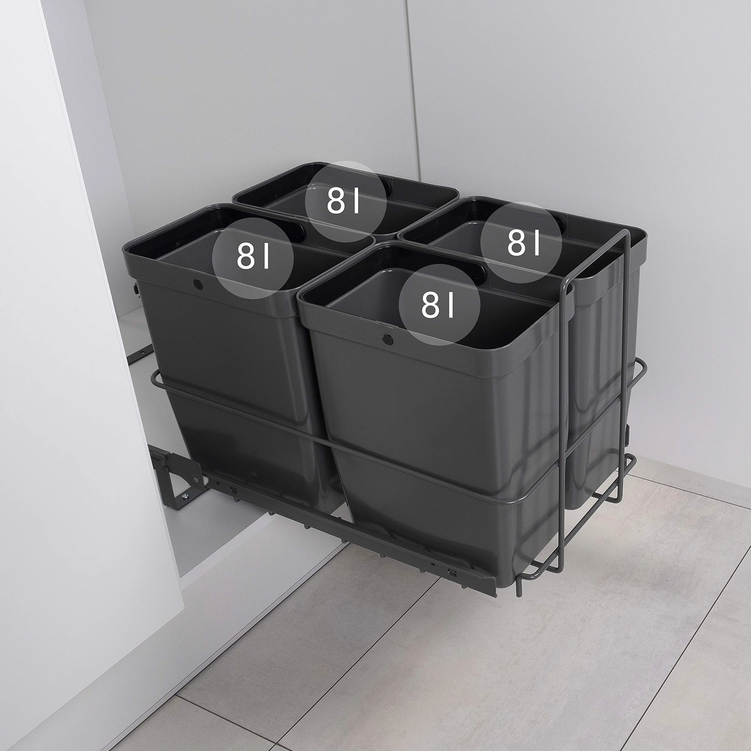 LM 79/4 kosz na śmieci do zabudowy, wysuwany kosz na śmieci 4 x 8 l, kolor antracytowy, 33,2 x 48 x 35,5 cm, system segregacji odpadów, szafka pod umywalkę