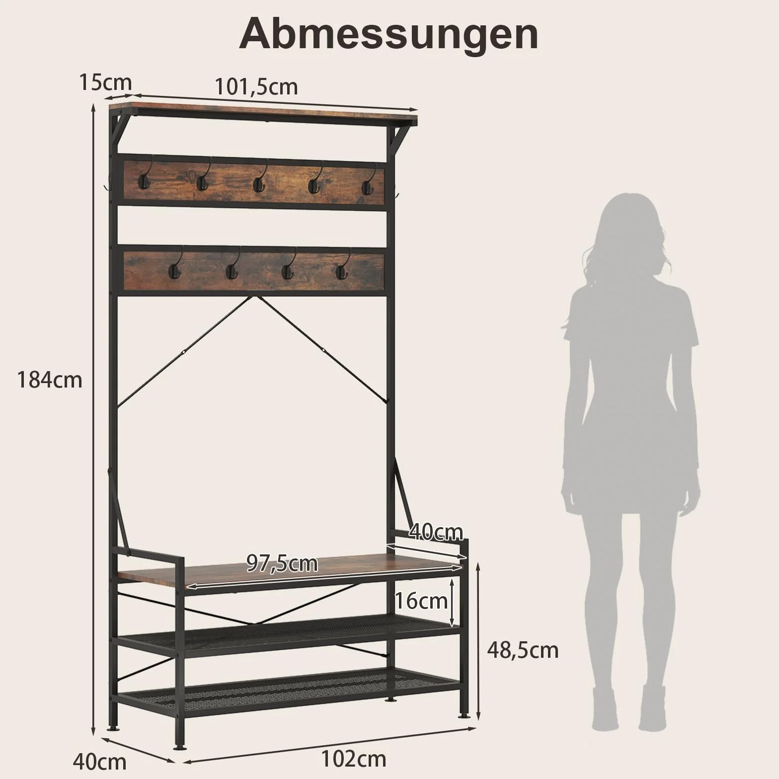 COSTWAY Wieszak garderobiany z półką na buty, 184 cm, regał na buty z garderobą, wieszak na ubrania z ławką do siedzenia, w zestawie 11 haczyków, do korytarza, salonu, sypialni, metalowa rama (brązowy