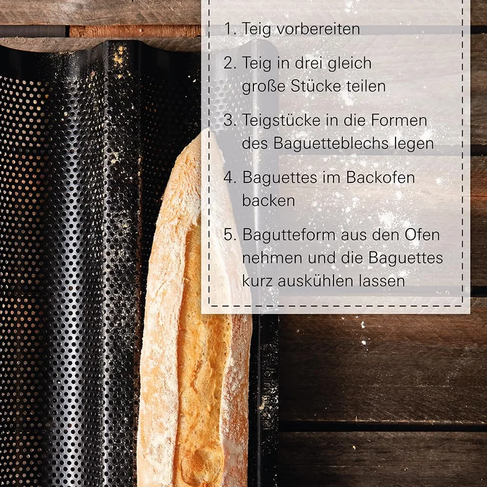 Birkmann, Bread Buddies, blacha do bagietek, perforowana forma do bagietek ze stali węglowej na 3 bagietki z powłoką zapobiegającą przywieraniu i pomysłem na przepisy kulinarne, 331006