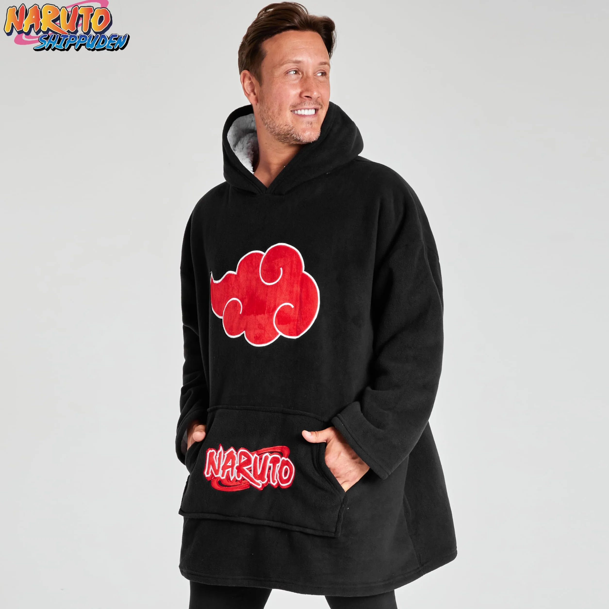 Naruto Koc z kapturem dla mężczyzn i nastolatków - przytulna polarowa bluza z kapturem oversize, jeden rozmiar, z podszewką sherpa, prezenty anime dla mężczyzn