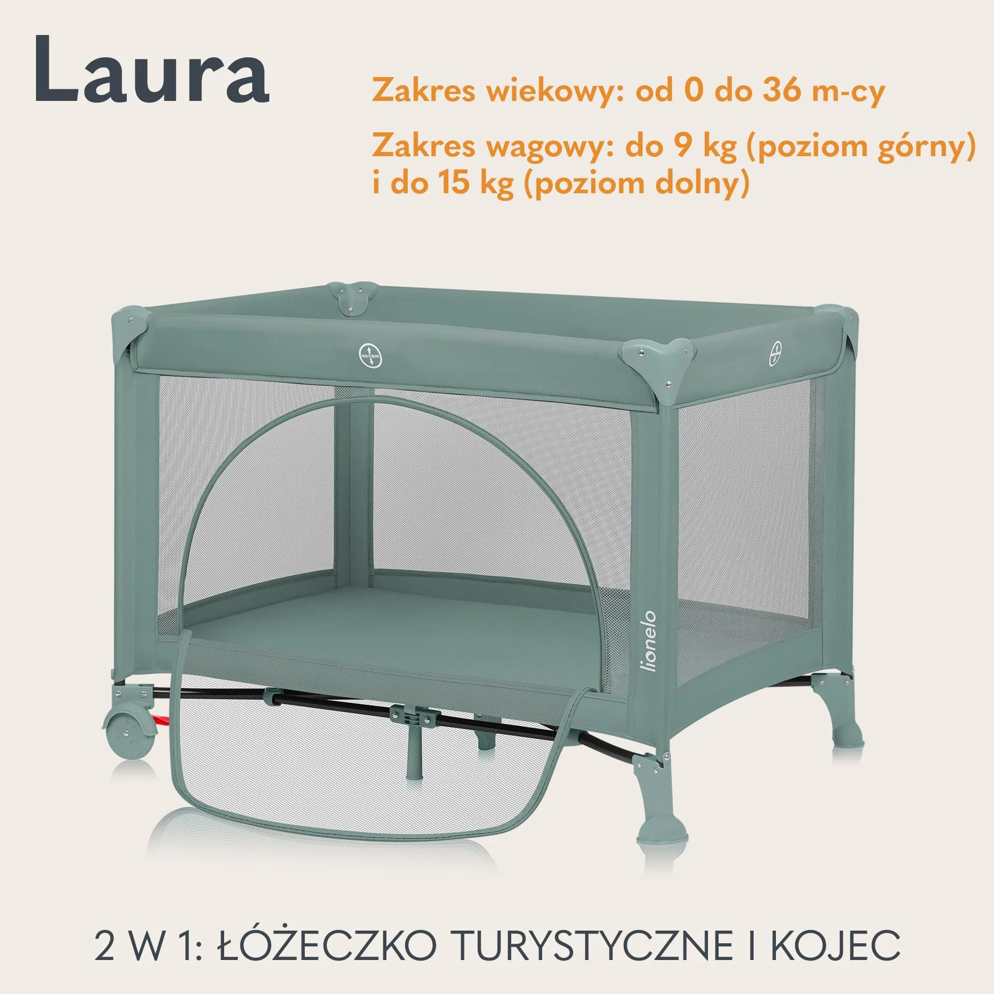 LIONELO LAURA Łóżeczko Turystyczne 2w1 do 15 Kg Kojec dziecięcy od 0 do 36 miesięcy Boczne Wejście Piankowy Materac T25, 2 Poziomy Wysokości, Torba Podróżna, Koła z Hamulcem