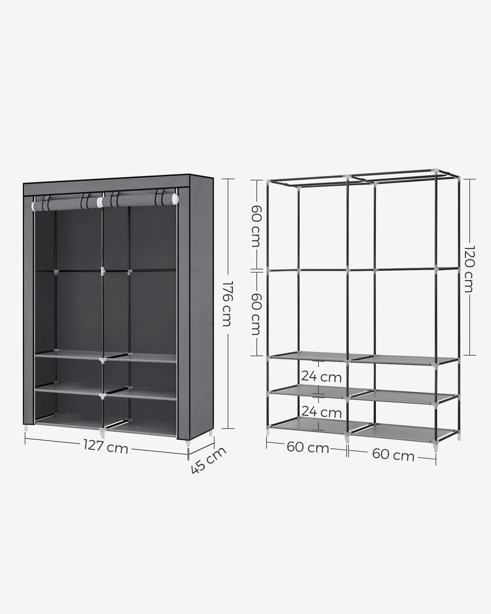SONGMICS Szafa z materiału, szafa na ubrania, 45 x 127 x 176 cm, 2 półki wiszące, z półkami, 4 kieszenie boczne, dużo miejsca, do sypialni, salonu, szara RYG008G02