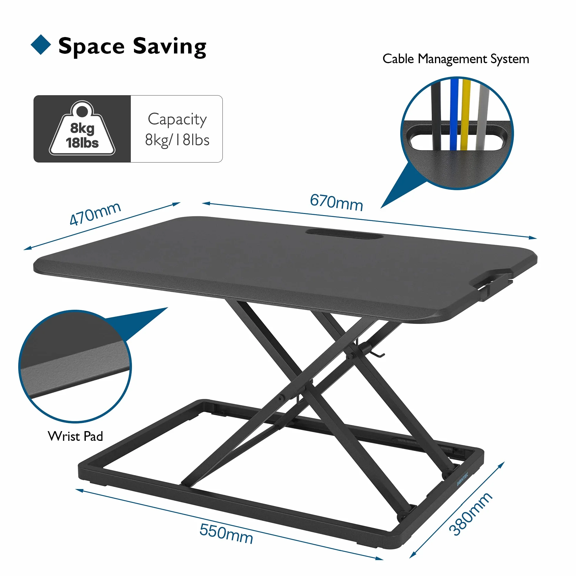 BONTEC Sit-Stand Biurko Konwerter, Regulowany Ergonomiczny Podnośnik na Biurko, Platforma 67x47cm, Wysokość 45-398 mm, Stacja Robocza na Monitor i Klawiaturę, Obciążenie do 8 kg, Czarny