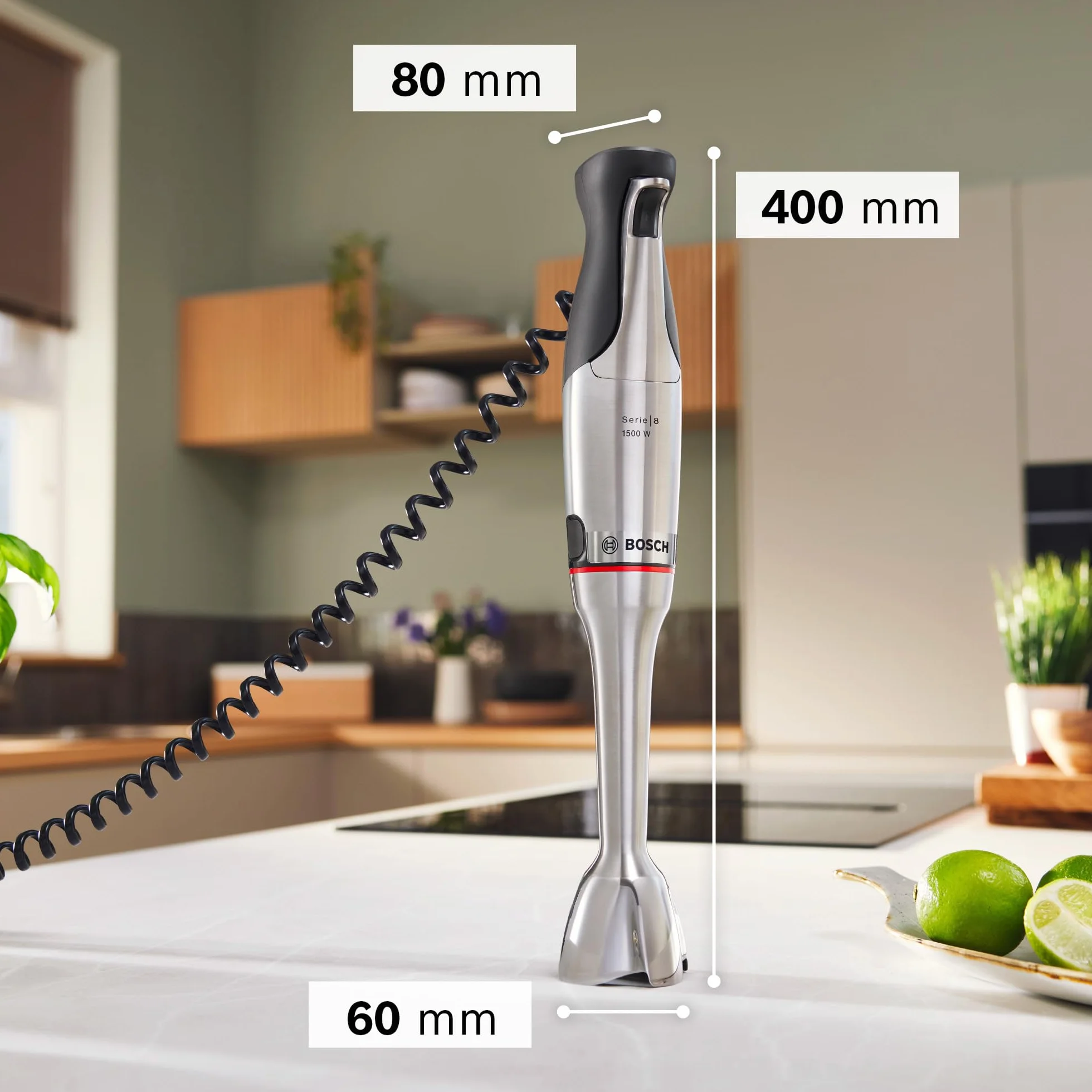 Bosch, blender ręczny, ErgoMaster Serie 8, silnik 1500 W, intuicyjna regulacja prędkości, 6-ramienne ostrze, akcesoria w zestawie, stal nierdzewna, MSM8M934