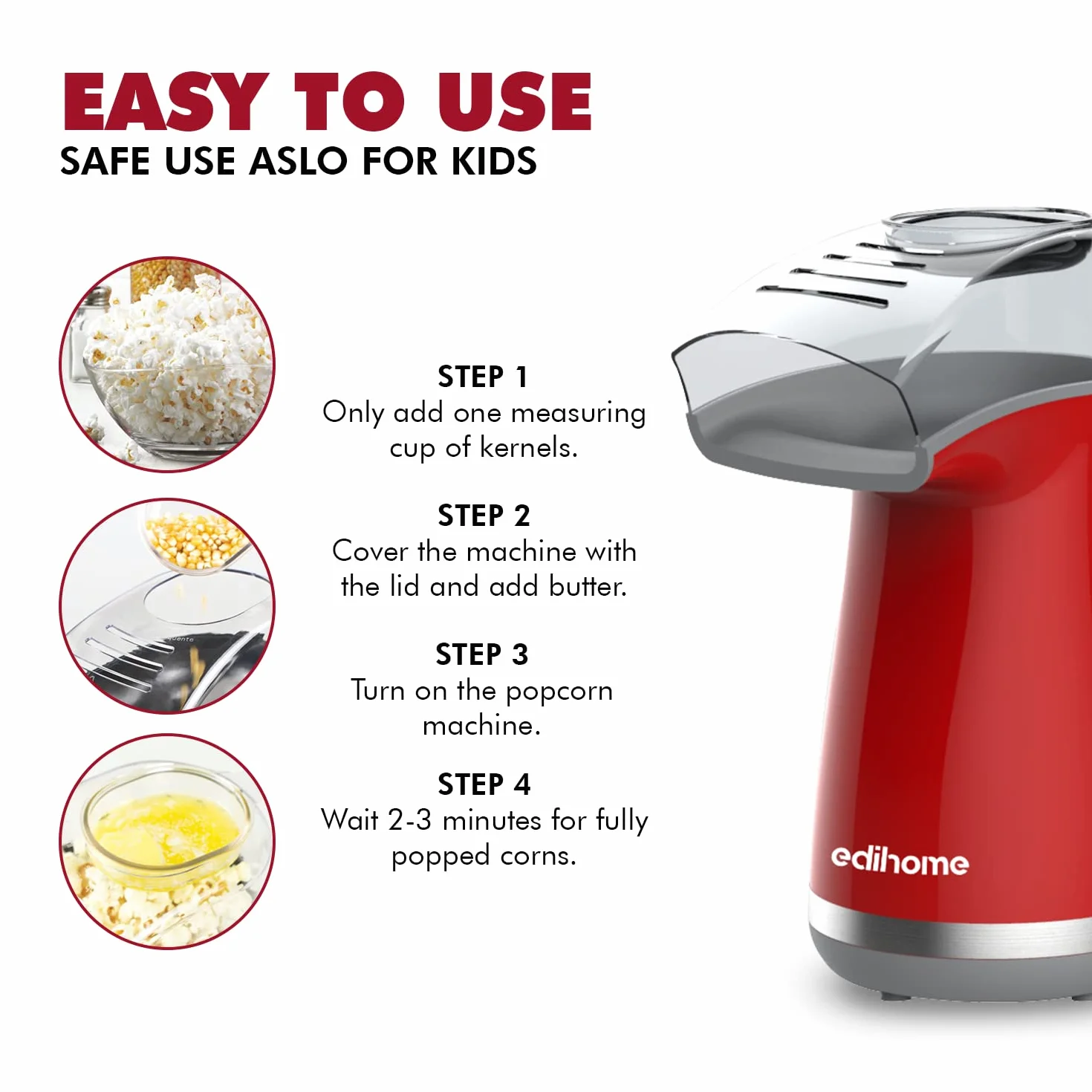 Edihome, Pop Corn Machine, Popcorn, 1200 W, zawiera łyżkę dozującą, Popcorn gotowy w 2 minuty (czerwony)