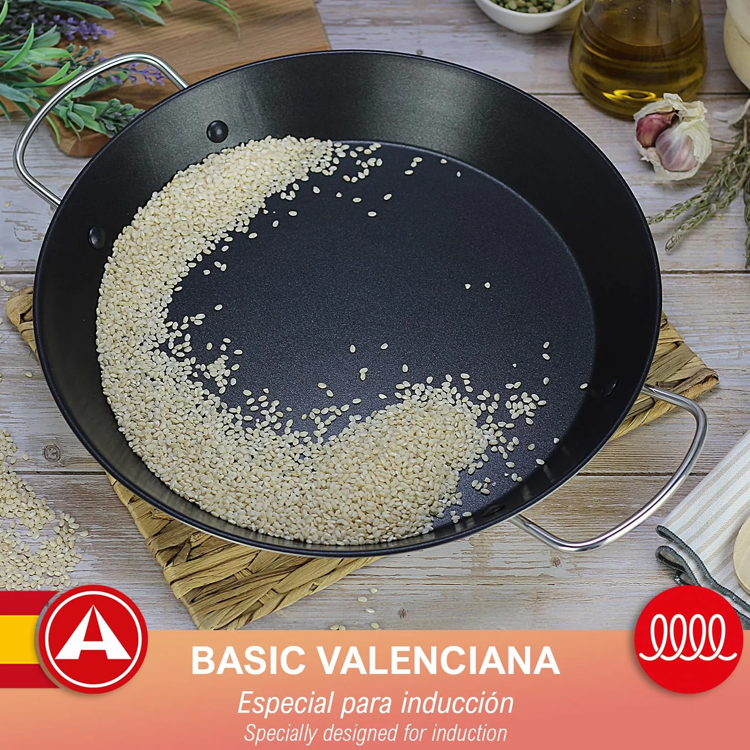 Alza Basic - Patelnia do Paella 32 cm, Stal Nierdzewna 18/10, Wszystkie Rodzaje Płytek, Indukcja i Piekarnik, Powłoka Nieprzywierająca Wielowarstwowa Wolna od PFOA