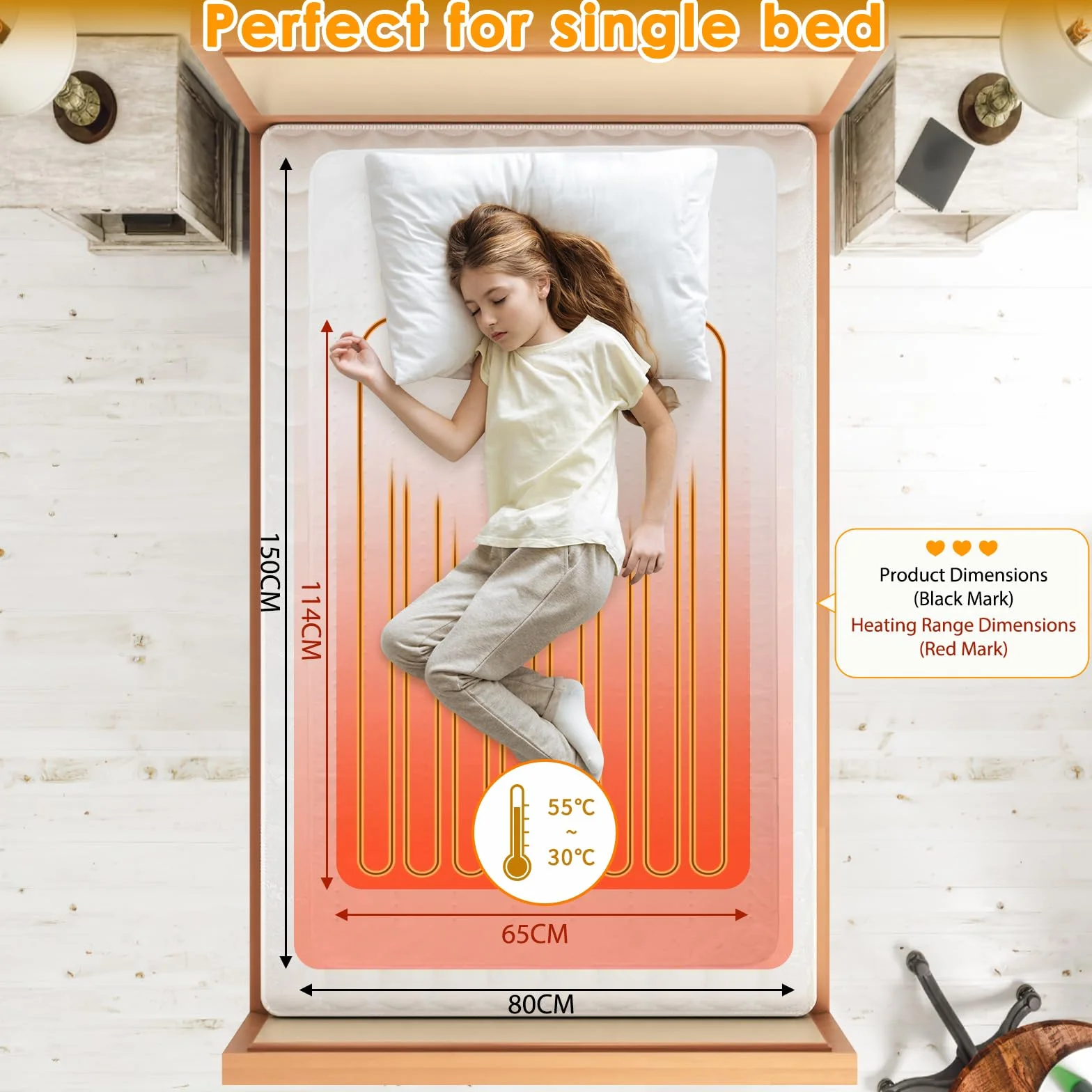 Pojedynczy podgrzewacz do łóżka 100W, 150x80 cm podgrzewany pod pokładem, elektryczne koce, można prać w pralce, z 6 temperaturami, automatyczne wyłączanie, ochrona przed przegrzaniem