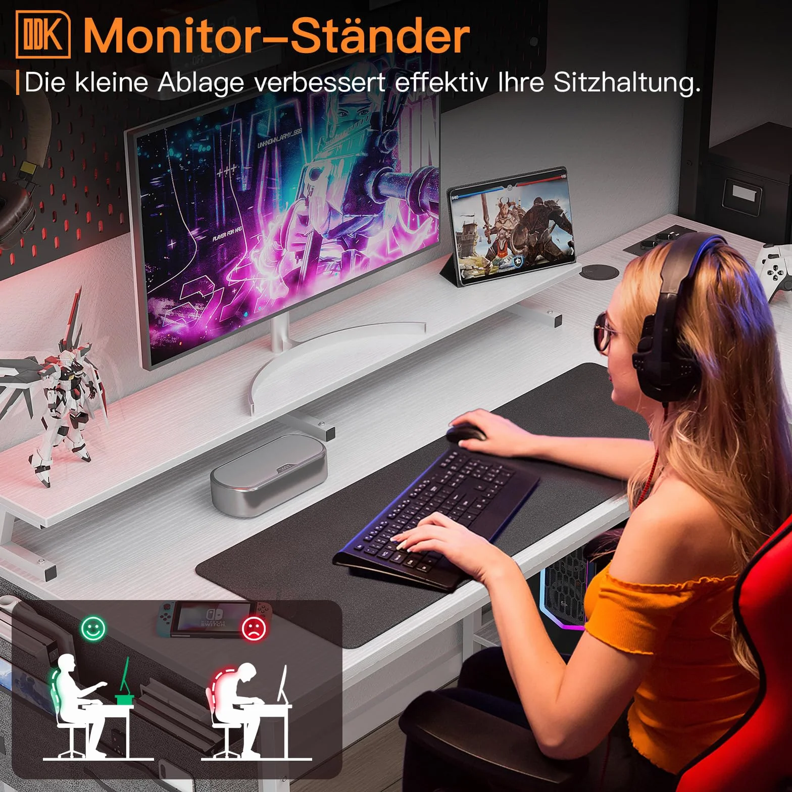 ODK Biurko narożne w kształcie litery L z 4 szufladami, dwustronne, z 2 przyłączami do ładowania USB i 2 gniazdami, z półką na monitor do domowego biura, 140 x 80 x 84,7 cm, białe