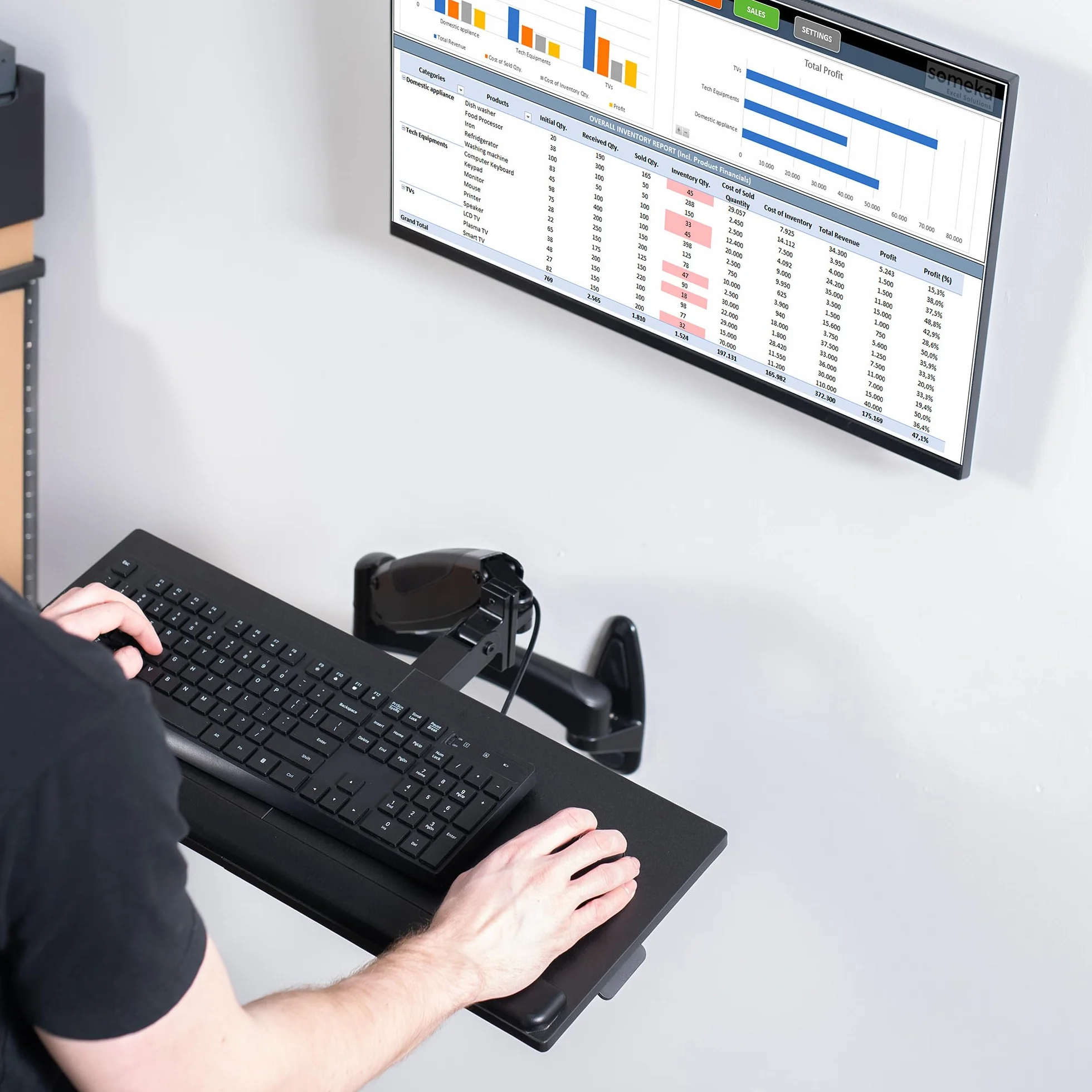 VIVO Sit-Stand 61 cm pneumatyczna sprężynowa klawiatura i taca na mysz uchwyt ścienny, platforma do pisania z regulacją wysokości przeciwwagi, ergonomiczne nachylenie, czarna, MOUNT-KB35B