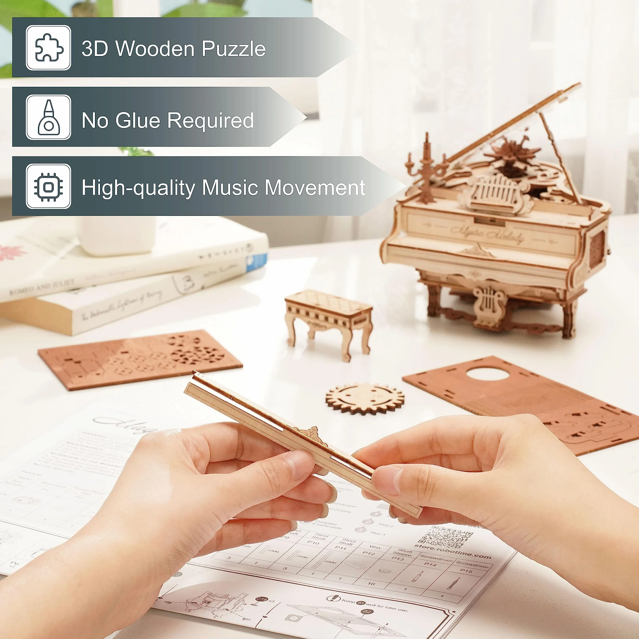 ROKR Drewniane zestawy modeli 3D dla dorosłych, fortepian, puzzle, pozytywka, 223 sztuki, 14x17 cm, klasyczny lub musical, unisex, średnio zaawansowany, 18+