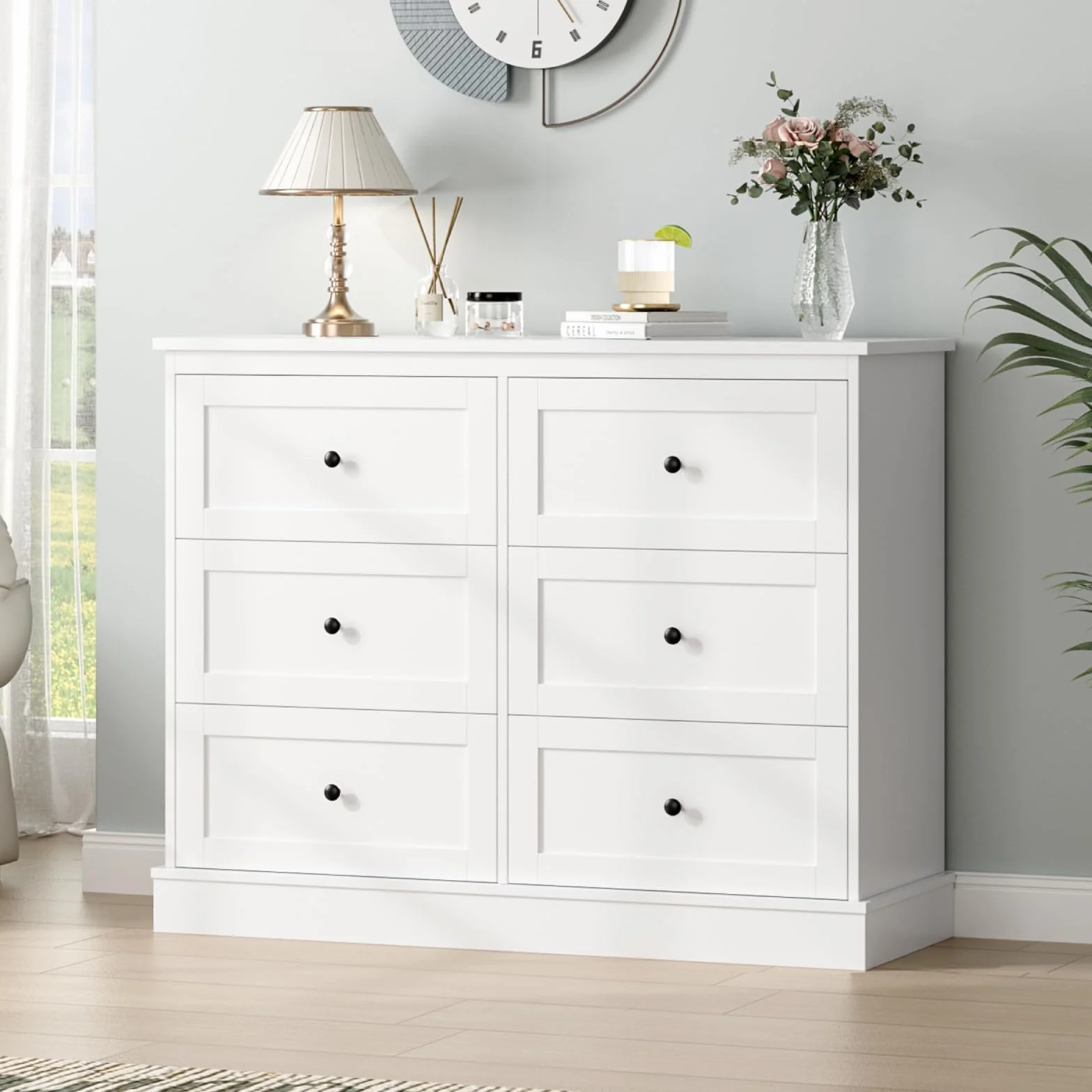 FOREHILL Komoda do sypialni biała szafka do przechowywania z 6 szufladami biała komoda szuflady do salonu przedpokoju 108 x 40 x 87 cm