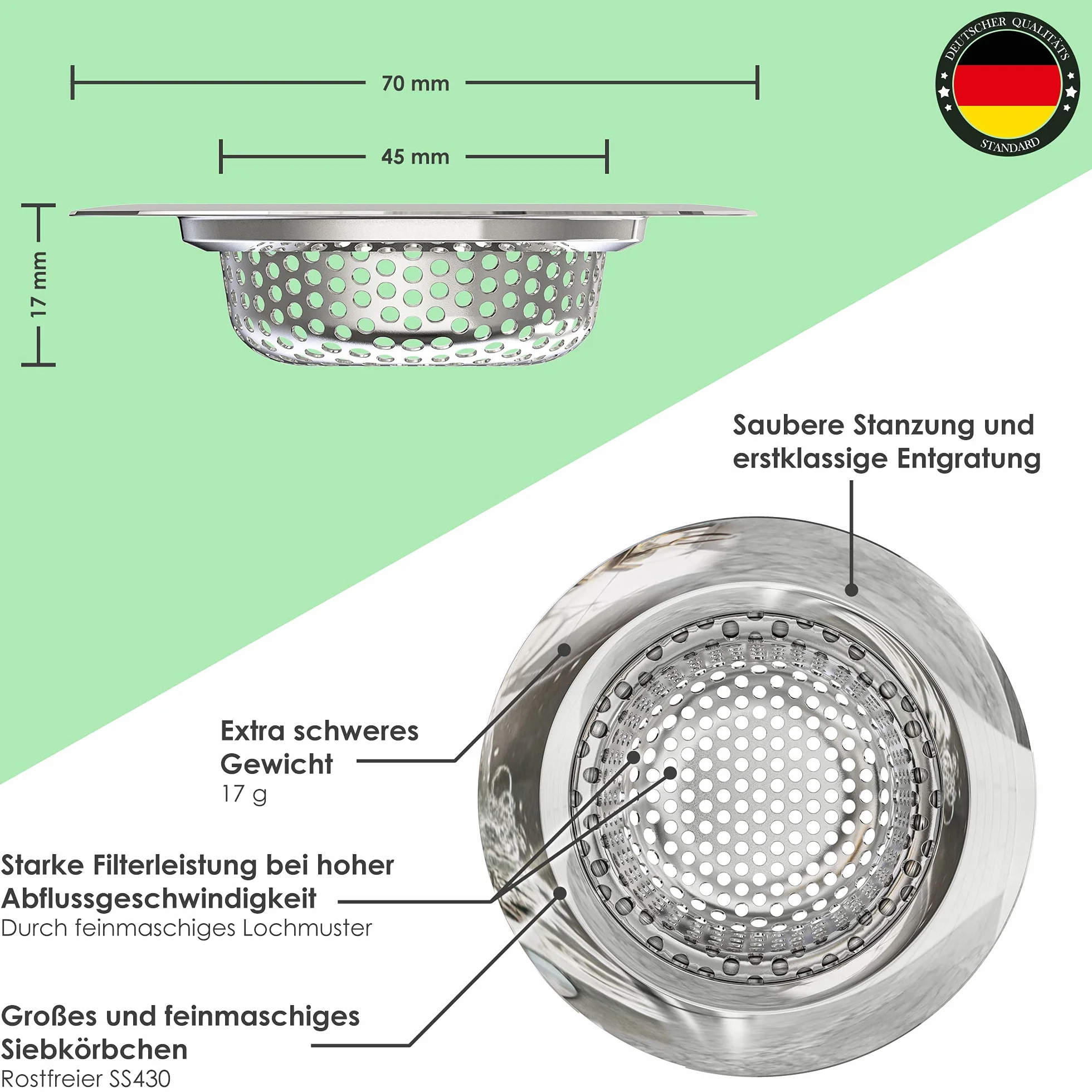 Filtr do zlewu 17g, zestaw 2 sztuk, do wszystkich odpływów, kratka zlewozmywakowa, kratka do zlewu, kratka do wanny, łańcuch do włosów 7 cm, kratka umywalka, zatyczka prysznicowa