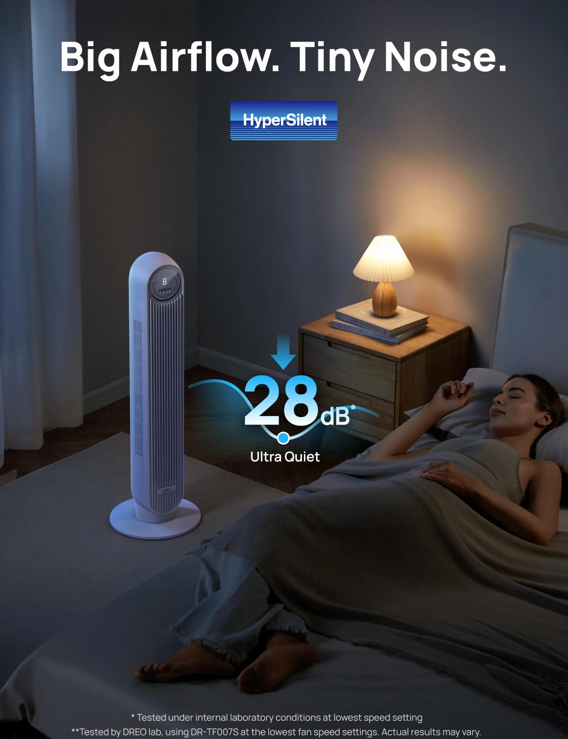 Dreo Inteligentny wentylator kolumnowy 20 dB, zasięg wyrzutu 10 m, 4 poziomy prędkości, 4 tryby pracy, 8 godzin, timer, 90°, z chłodzeniem, Wi-Fi i pilotem zdalnego sterowania, do sypialni, Nomad OneS
