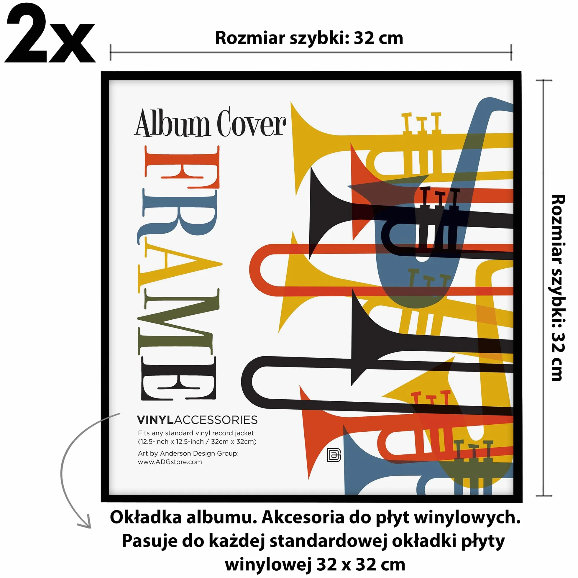 Americanflat aluminiowe ramki na płyty winylowe 32 x 32 cm z szybką z pleksi – zestaw 2 sztuk, na okładki LP i winyle, montaż ścienny, czarne – kolekcja Brooklyn Portrait
