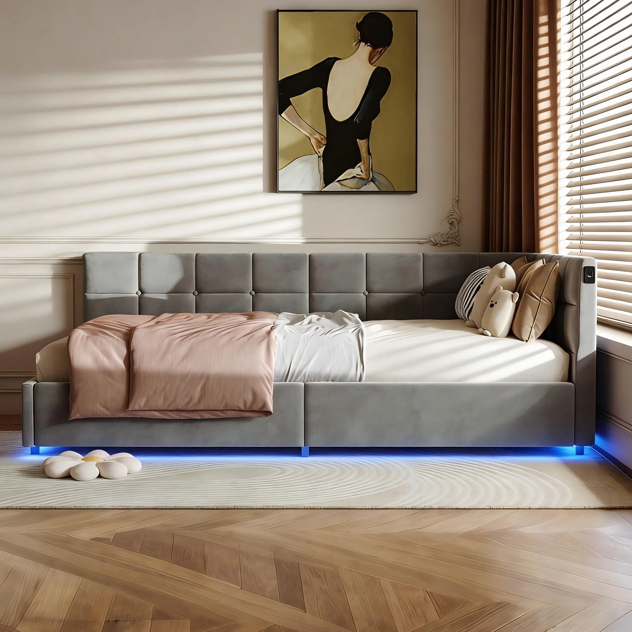 Łóżko tapicerowane 90 x 200 cm, łóżko pojedyncze ze schowkiem 90 x 200 z oświetleniem LED i USB, łóżka z hydrauliczną komorą, rama łóżka z stelażem listwowym, aksamit, szary (szary, 90 x 200 cm)