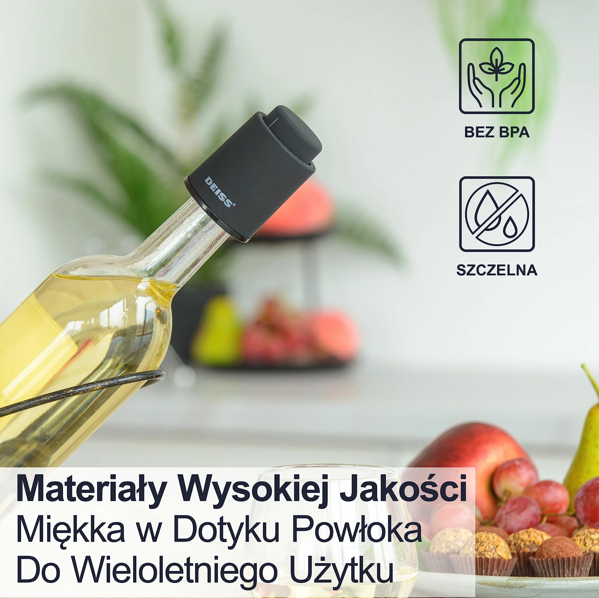 Deiss LUX [2 SZT.] Korki do butelek wina, korki do wina wielokrotnego użytku, pompka próżniowa do wina ze znacznikami daty, korek do wina, korek do wina, zapewniający świeżość