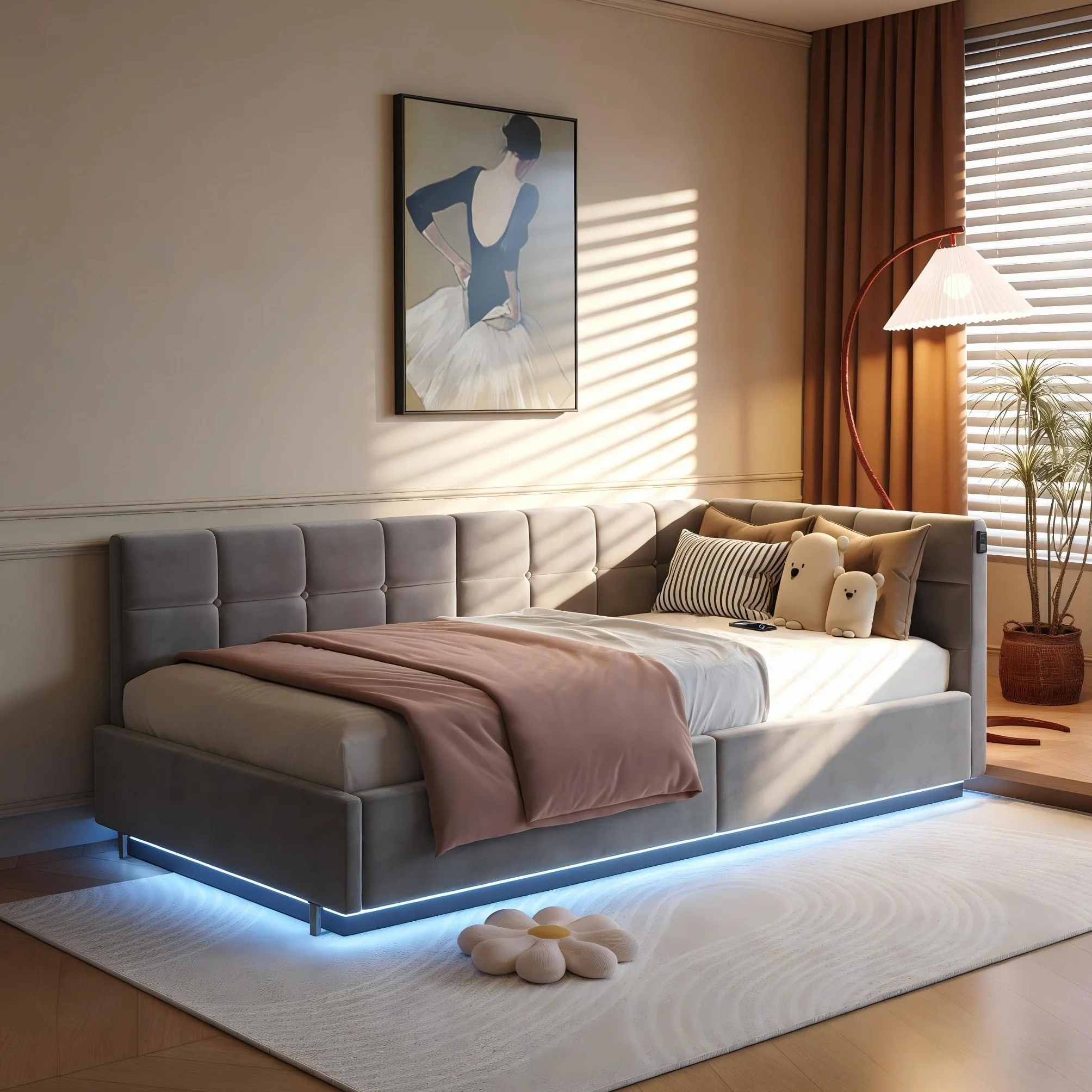 Łóżko tapicerowane 90 x 200 cm, łóżko pojedyncze ze schowkiem 90 x 200 z oświetleniem LED i USB, łóżka z hydrauliczną komorą, rama łóżka z stelażem listwowym, aksamit, szary (szary, 90 x 200 cm)