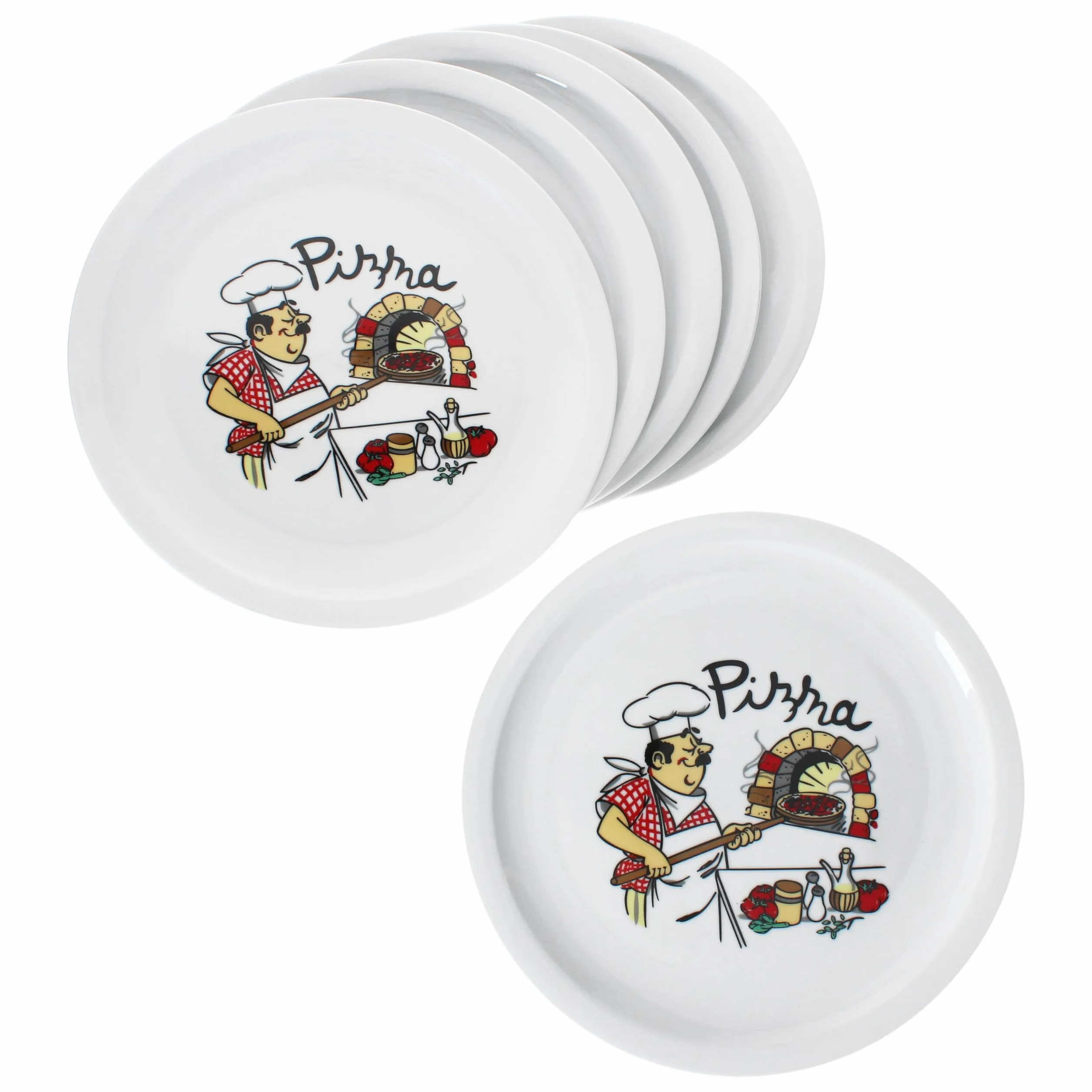 MamboCat Luigi 6-częściowy zestaw talerz do pizzy I Ø 30,5 cm I dla 6 osób I białe duże talerze z porcelany z motywem pieczywa pizzy I do pizzy lub do przyrządzania