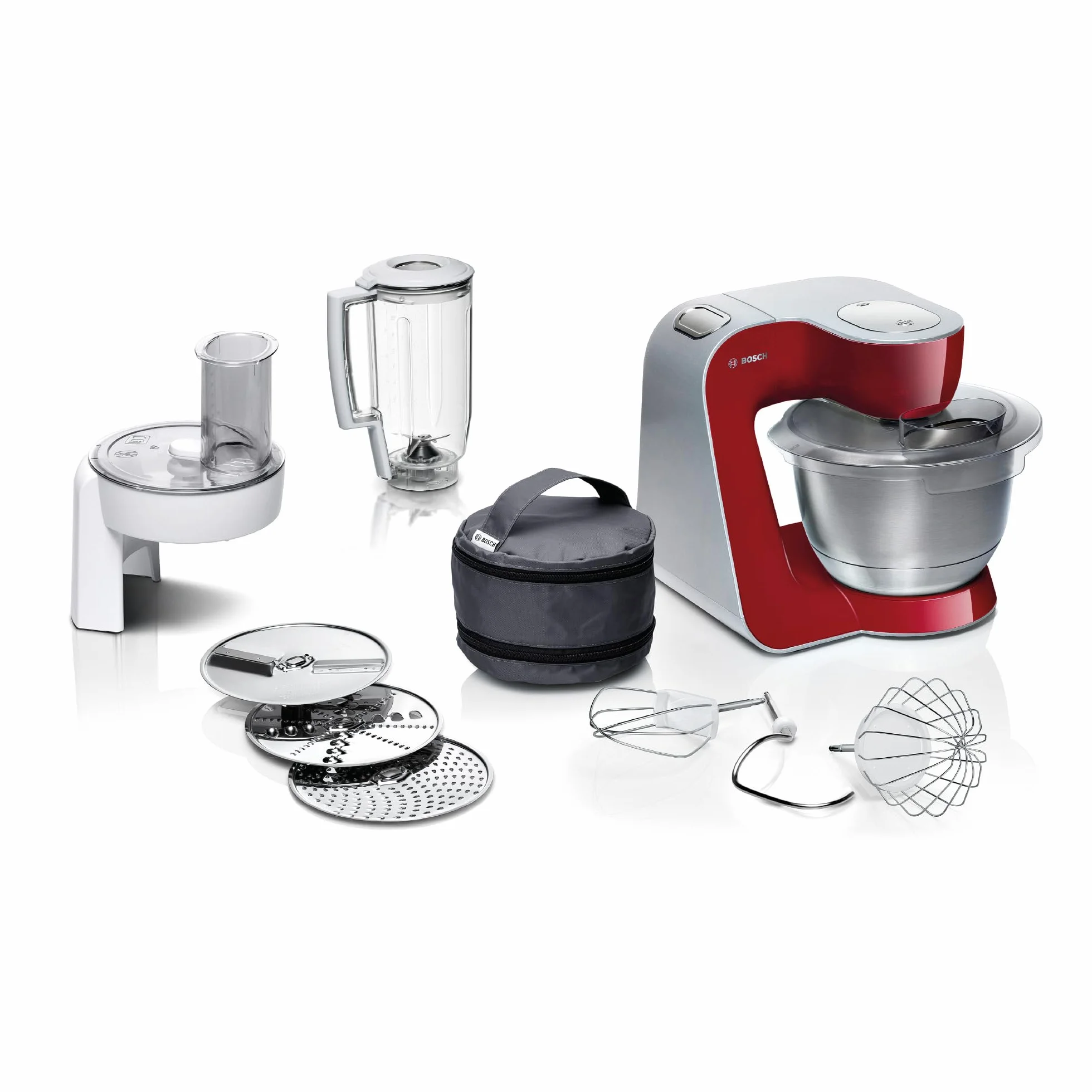 Bosch MUM5 wielofunkcyjny robot kuchenny, 1000W, maszynka do krojenia i ubijania, mikser planetarny, hak do ciasta, rozdrabniacz do owoców i warzyw, misa 3,9l, kolor czerwony, srebrny, MUM58720