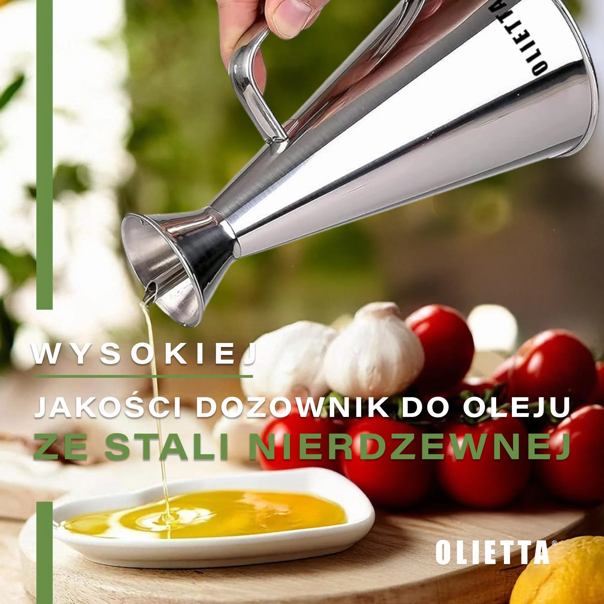 Olietta Stalowy dozownik oliwy i octu, 500 ml (0,5 l), bez kapania i szczelny – idealny do nalewania i skrapiania, łatwy w czyszczeniu