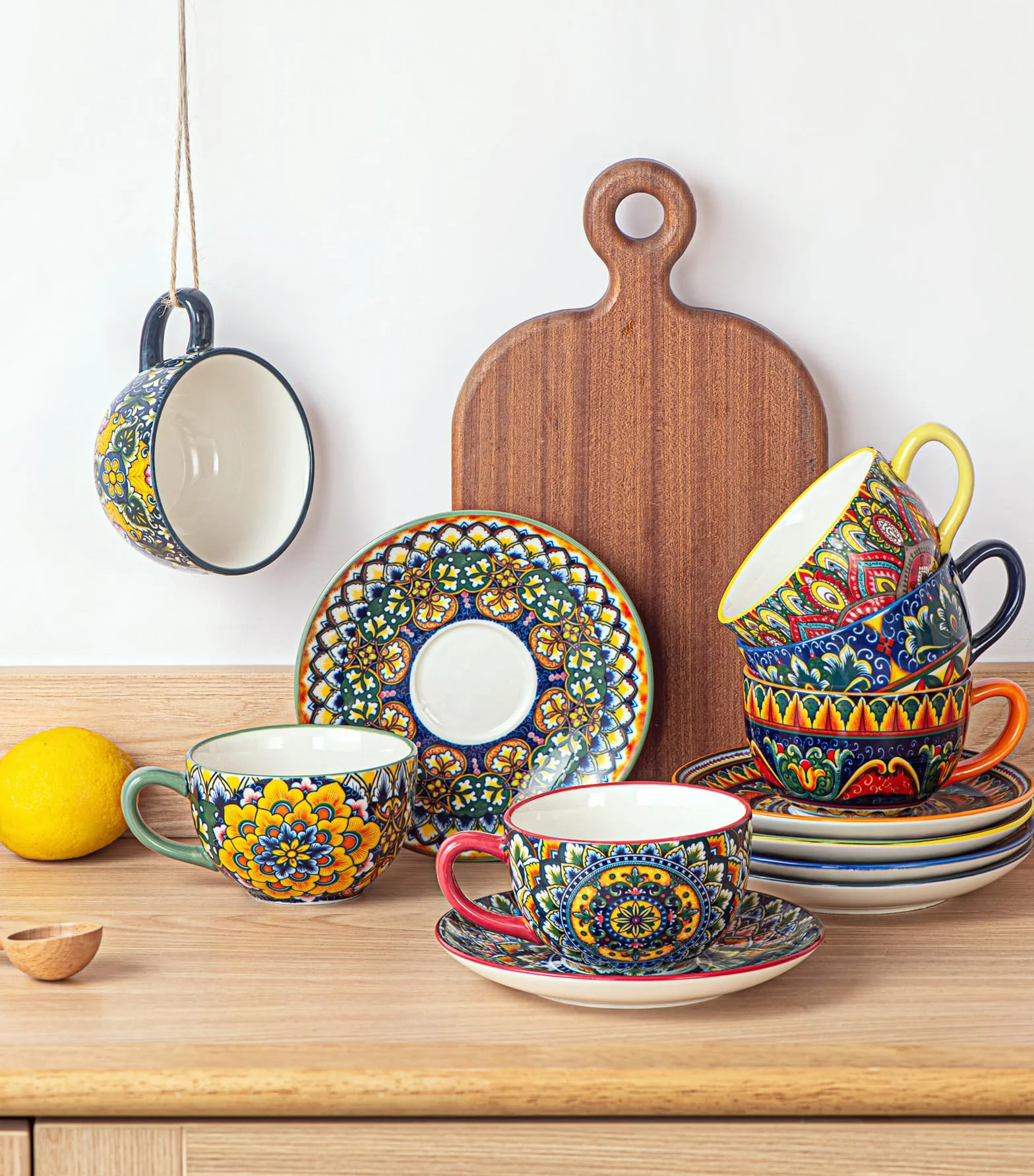 Henten Home Serwis do kawy z porcelany, 12-częściowy zestaw do kawy, kolorowy, ręcznie malowany, zestaw filiżanek do kawy dla 6 osób, zawiera filiżanki do kawy, spodki