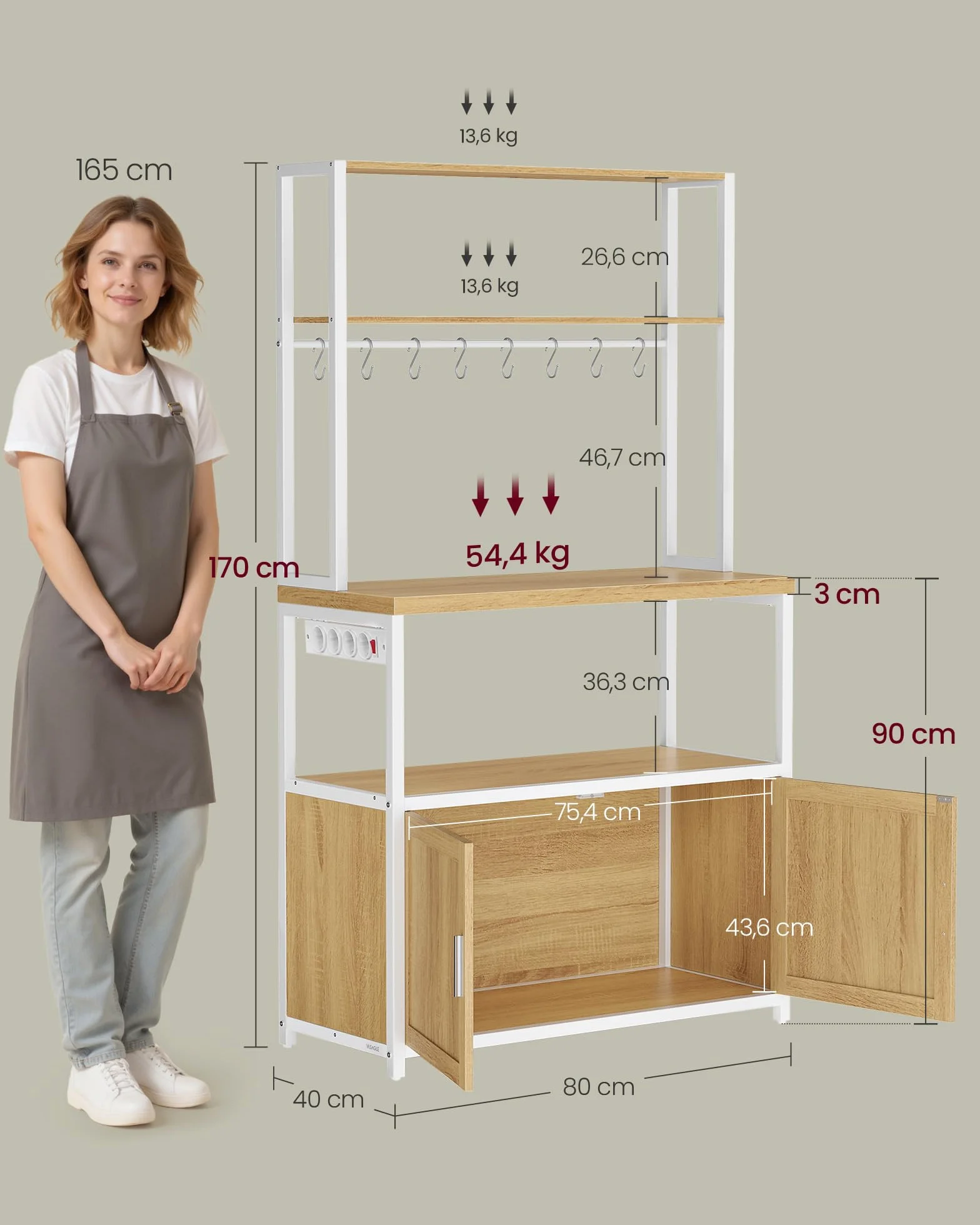VASAGLE Regał kuchenny z gniazdkami, szafka kuchenna, blat roboczy o wysokości 90 cm, regał stojący z 8 haczykami, 40 x 80 x 170 cm, kolor złoto-dębowo-biały KKS059YA02