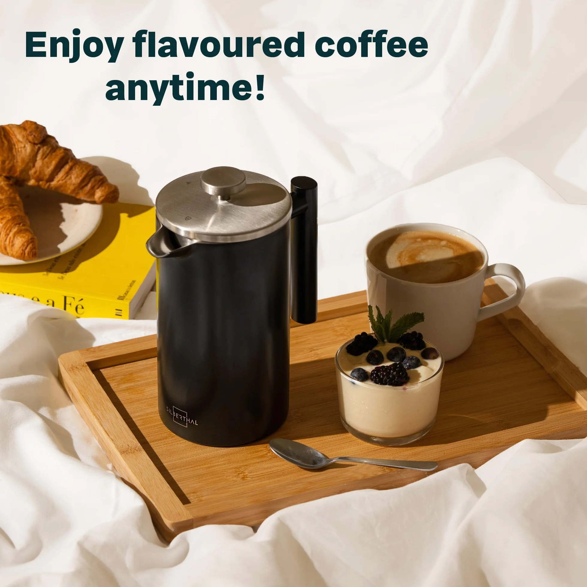SILBERTHAL French Press Coffee Cafetiere 1L 8 filiżanek - 100% stal nierdzewna - izolacja próżniowa z podwójnymi ściankami - czarna