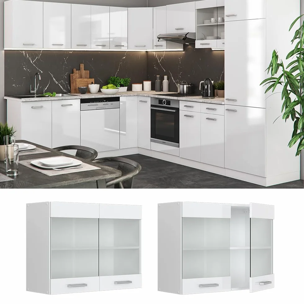 Vicco Szklana szafka kuchenna "R-Line", Biały wysoki połysk, 80 cm