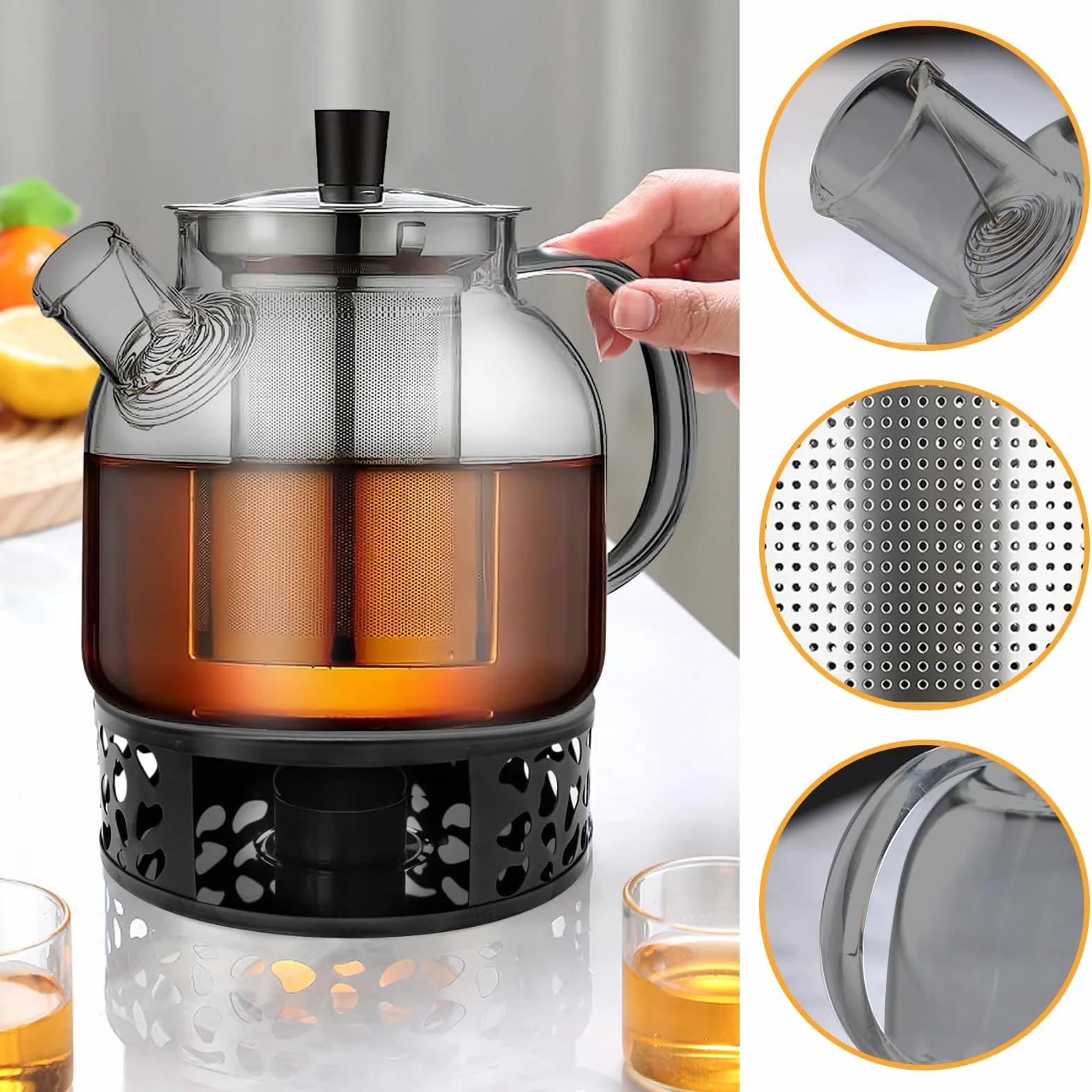 Dzbanek do herbaty 1500ml z sitkiem, dzbanek do herbaty z podgrzewaczem, szklany dzbanek do herbaty z podgrzewaczem ze stali nierdzewnej, szklany zaparzacz do herbaty, serwis do herbaty do herbaty