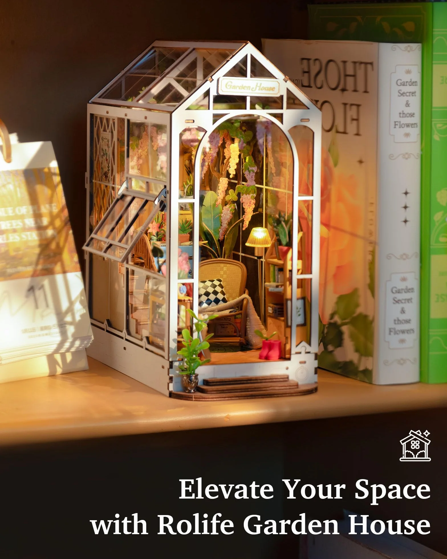 Rolife Zestawy Book Nook dla dorosłych DIY miniaturowy zestaw ze światłem do dekoracji biurka biblioteki półki na książki 3D drewniane puzzle szklarnia Booknook zestawy modeli dla dorosłych do