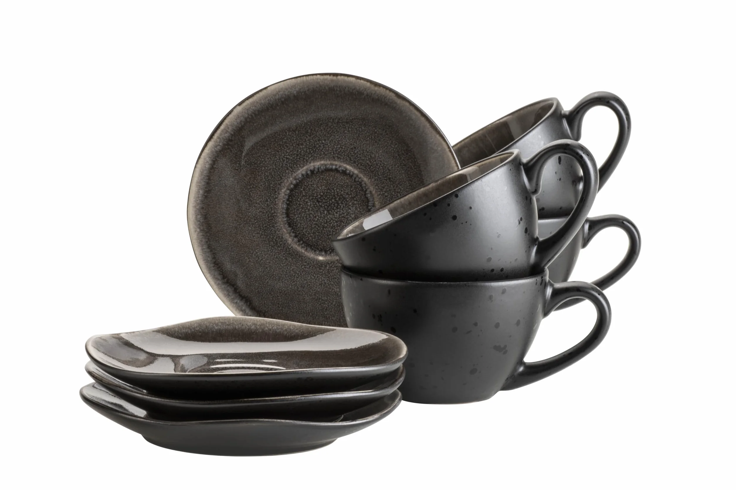 MÄSER 934071 seria Niara Organic, nowoczesny zestaw filiżanek do kawy dla 4 osób, w ekscytującym stylu vintage, 8-częściowy zestaw filiżanek do kawy ze specjalną kombinacją glazury, w kolorze czarnym