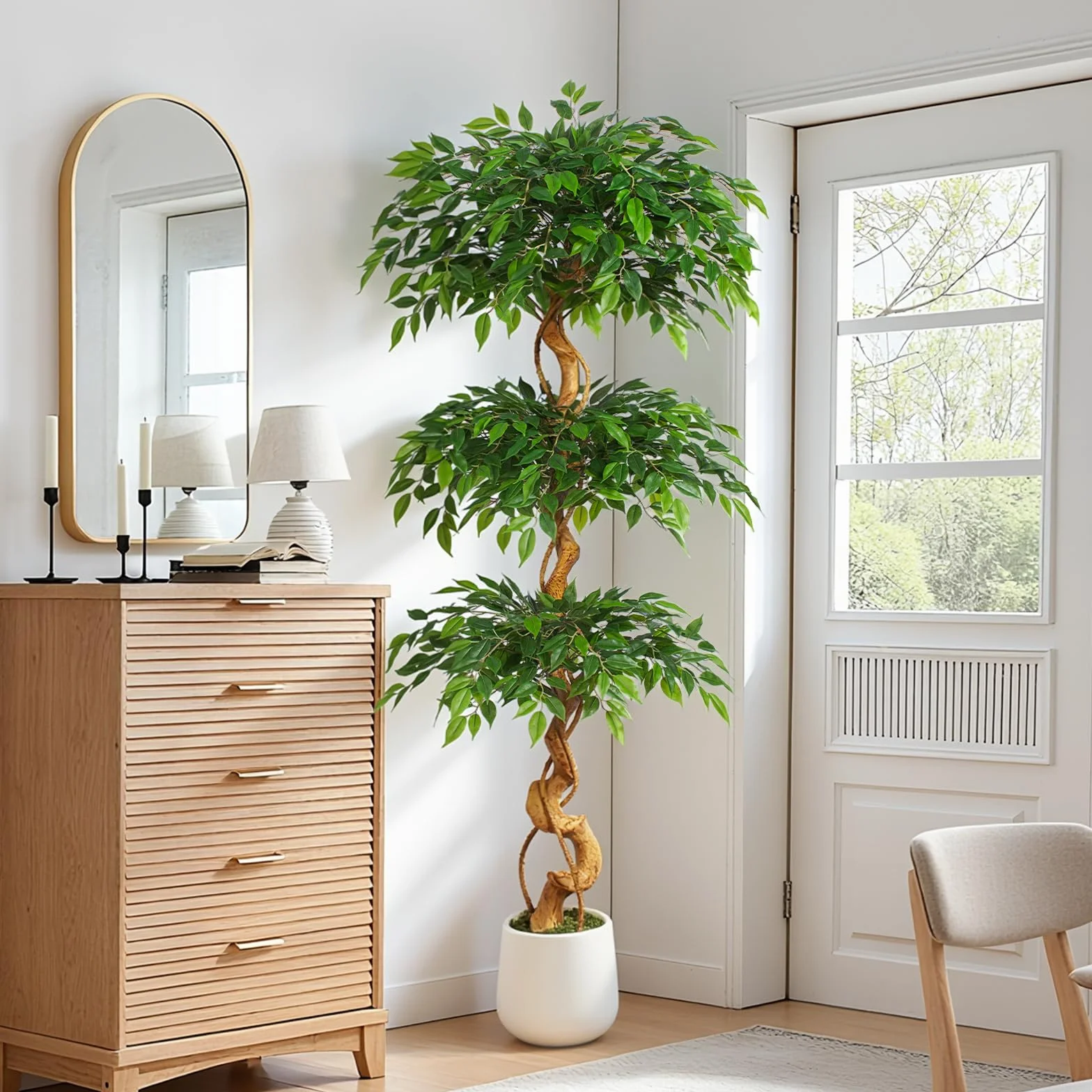 Sztuczna roślina Ficus, 180 cm, z białą doniczką, duże jak prawdziwe, z zakrzywionym pniem i 1860 liśćmi, sztuczne drzewo do dekoracji wnętrz, salonu, sypialni, biura, ogrodu, domu