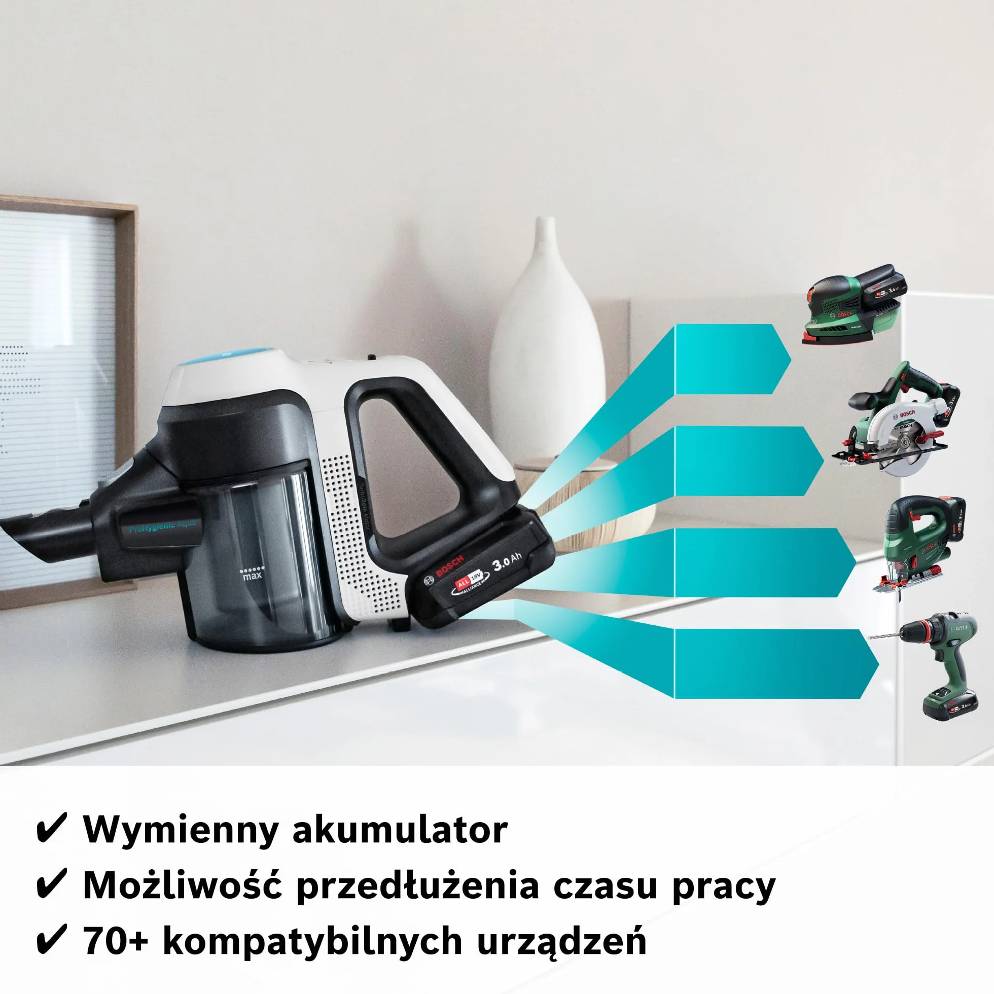 Bosch Unlimited 7 ProHygienic Aqua, Odkurzacz Bezprzewodowy 2w1 z Funkcją Mycia, DynamicAqua Mop, Elektroszczotka do Wszystkich Podłóg, Kolor Biały, BCS71HYG2