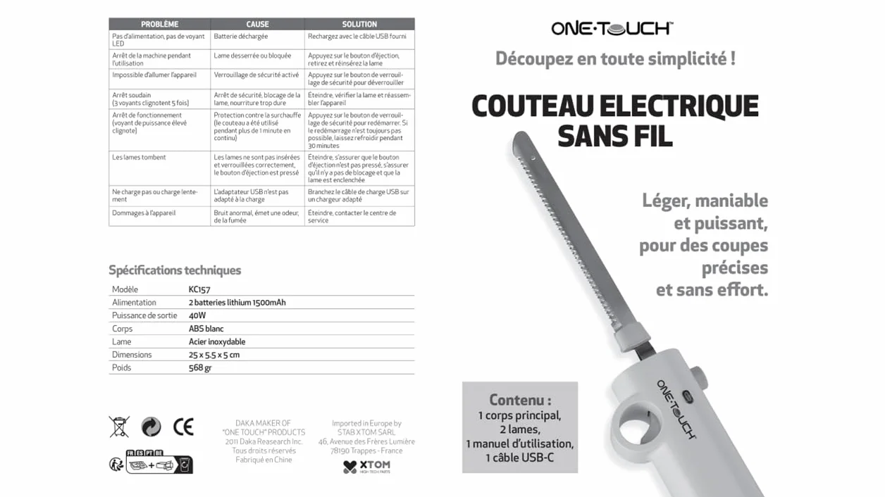 ONE TOUCH KC 157 Bezprzewodowy nóż elektryczny - pełna swoboda - lekki, poręczny, mocny dla precyzyjnych cięć bez wysiłku - idealny dla osób starszych lub z problemami z chwytem