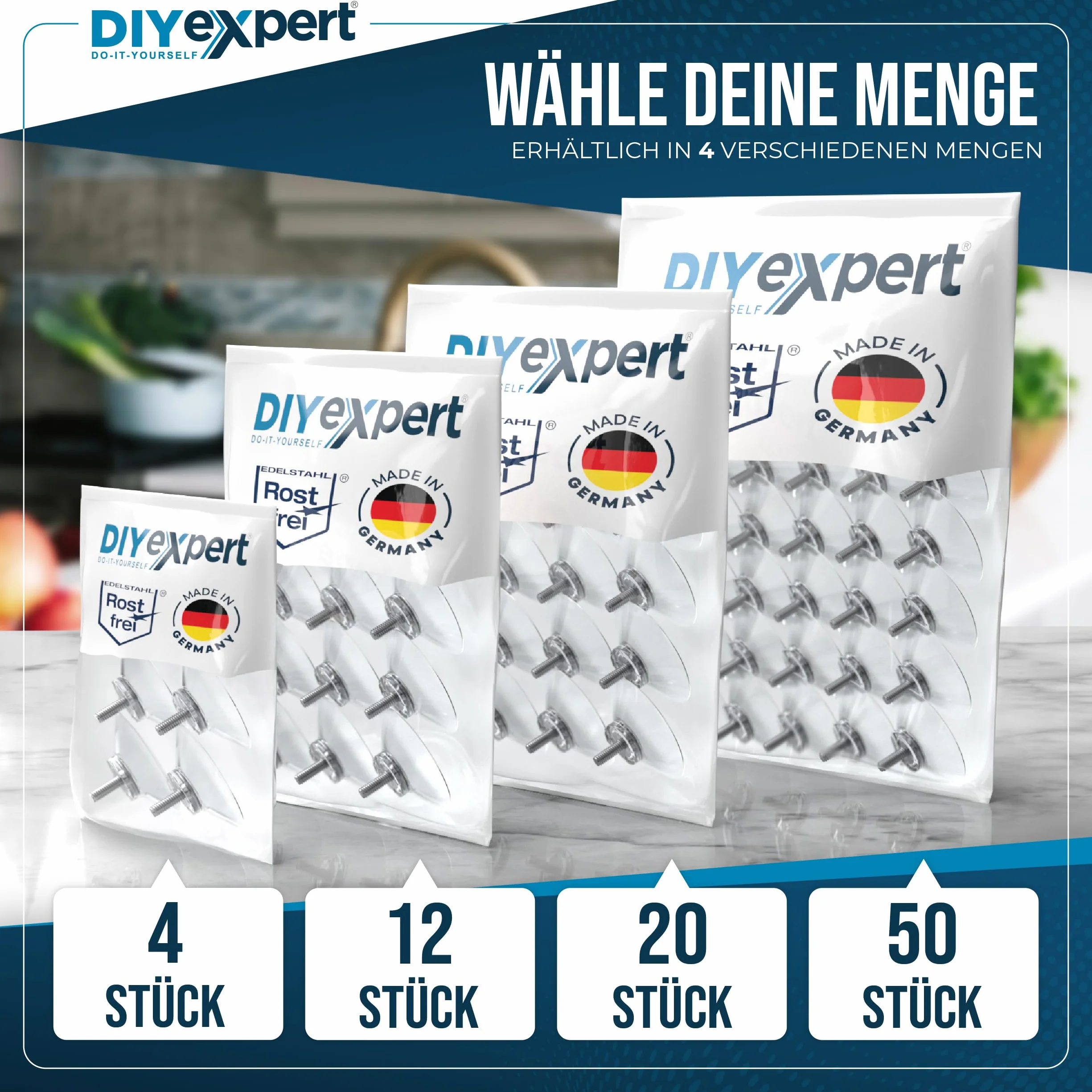 DIYexpert® 20 x przyssawka Ø 40 mm, z gwintem M4 x 10 mm, w zestawie nakrętki radełkowane przezroczyste - wyprodukowano w Niemczech