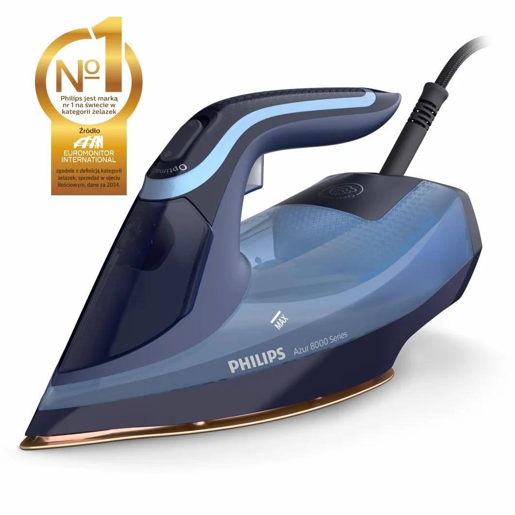 Philips Żelazko Parowe Azur z Serii 8000-55 g/min Ciągłej Pary, 240 g Steam Boost, 3000 W, Technologia OptimalTEMP, SteamGlide Elite, Light Blue (DST8020/20)