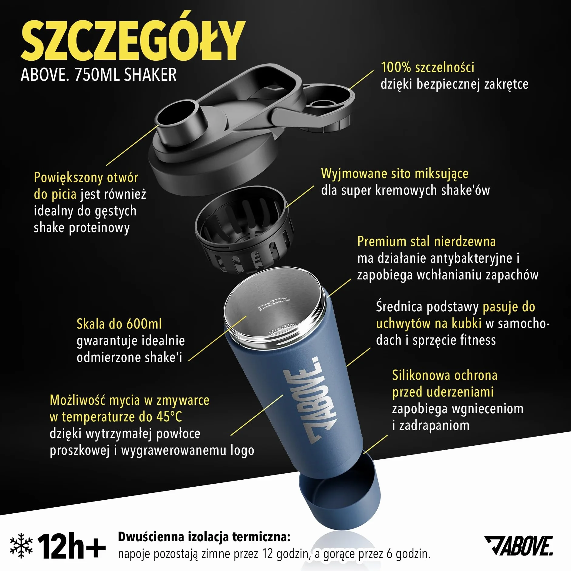 ABOVE. Shaker Białkowy Stal 750ml – Bez BPA i Izolowany: Utrzymuje Napój Gorący lub Zimny 12H – Wbudowana Skala & 100% Szczelna Pokrywka – Solidny & Trwały – Można Myć w Zmywarce do 45°C (Niebieski)